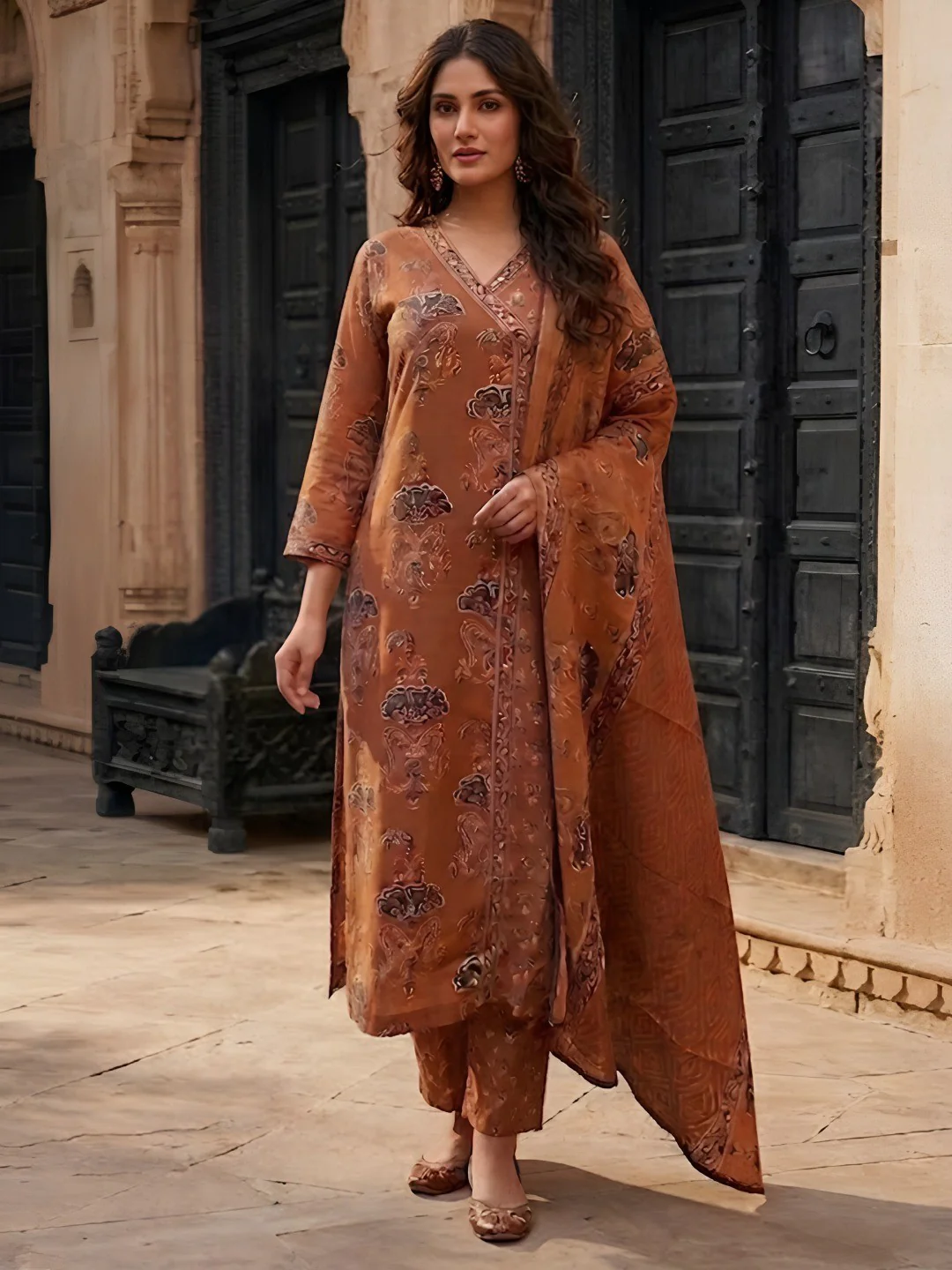 Elegant Rust Floral Printed Pure Cotton Salwar Suit Set