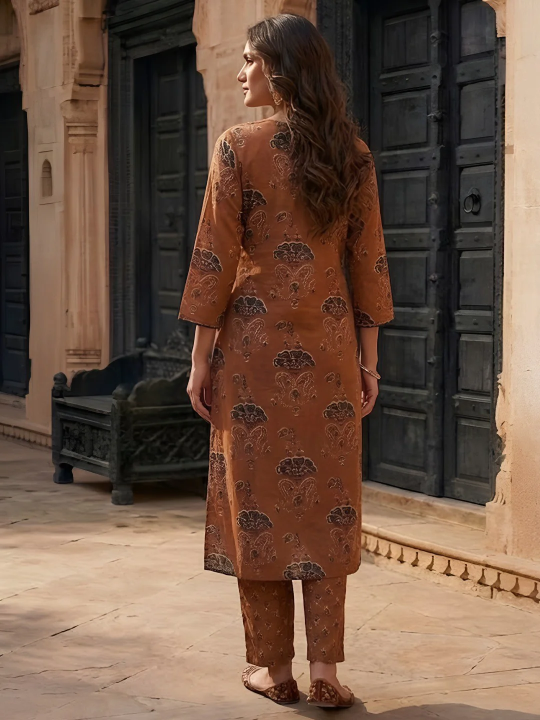 Elegant Rust Floral Printed Pure Cotton Salwar Suit Set - Image 3