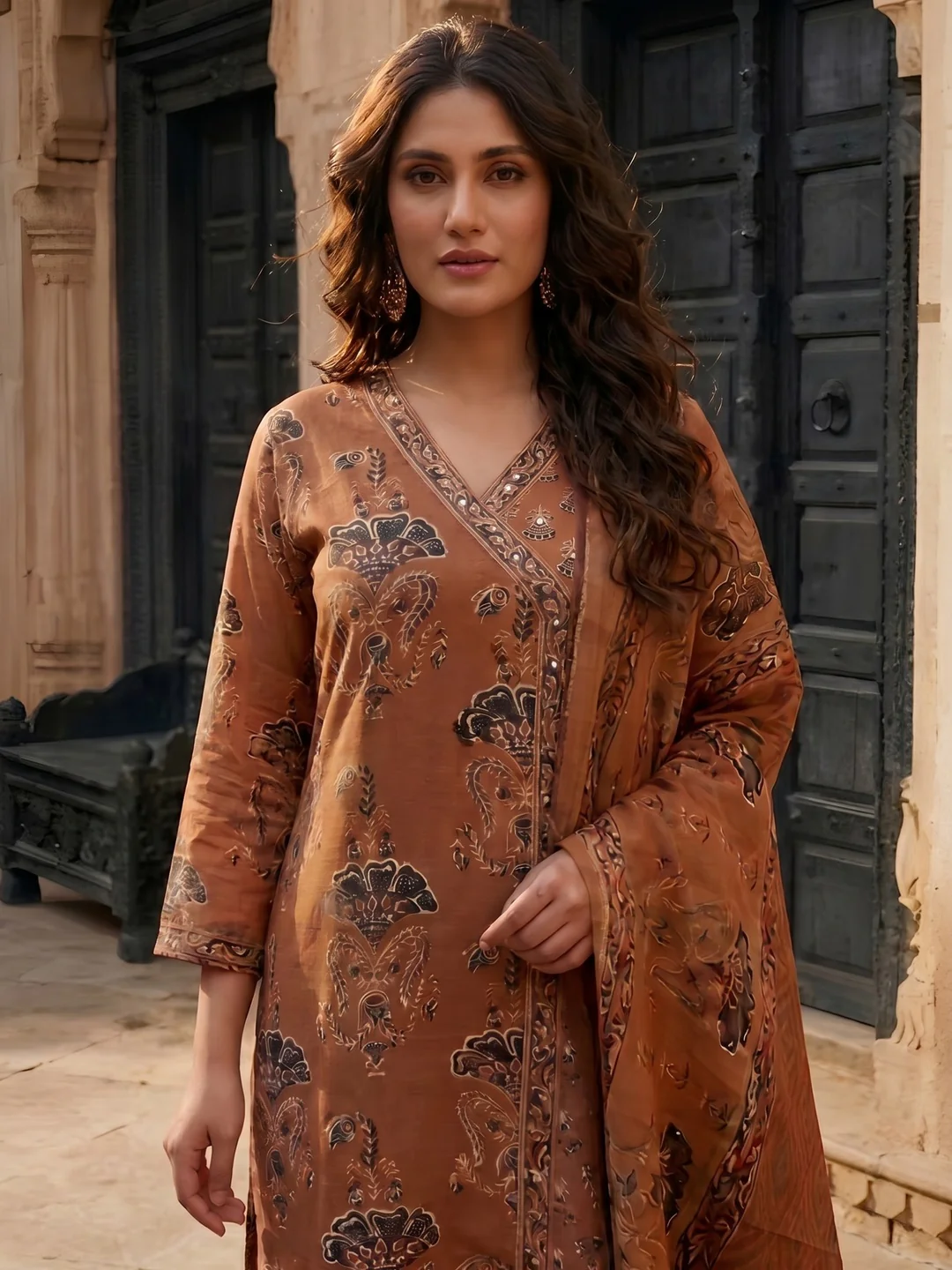 Elegant Rust Floral Printed Pure Cotton Salwar Suit Set - Image 4
