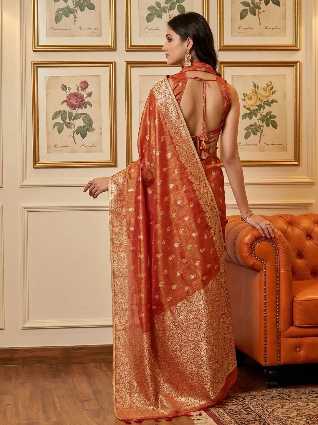 Elegant Rust Paisley & Floral Zari Weaving Tissue Saree With Tassel Pallu - Image 2