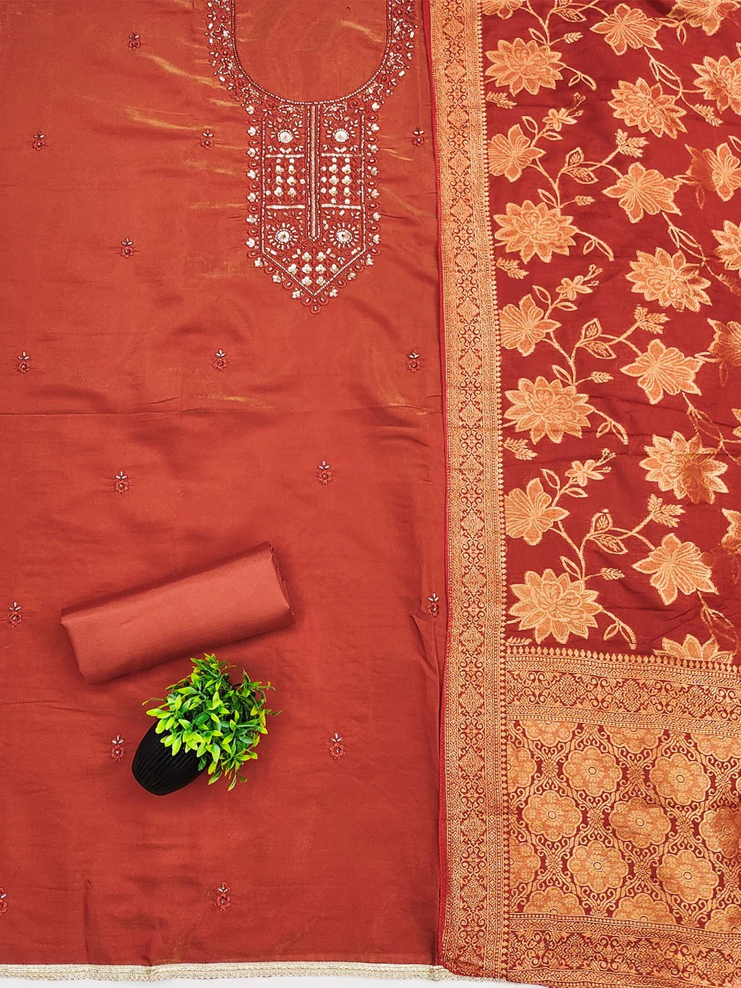 Elegant Rust Shimmer Dress Material with Embroidered Details - Image 2