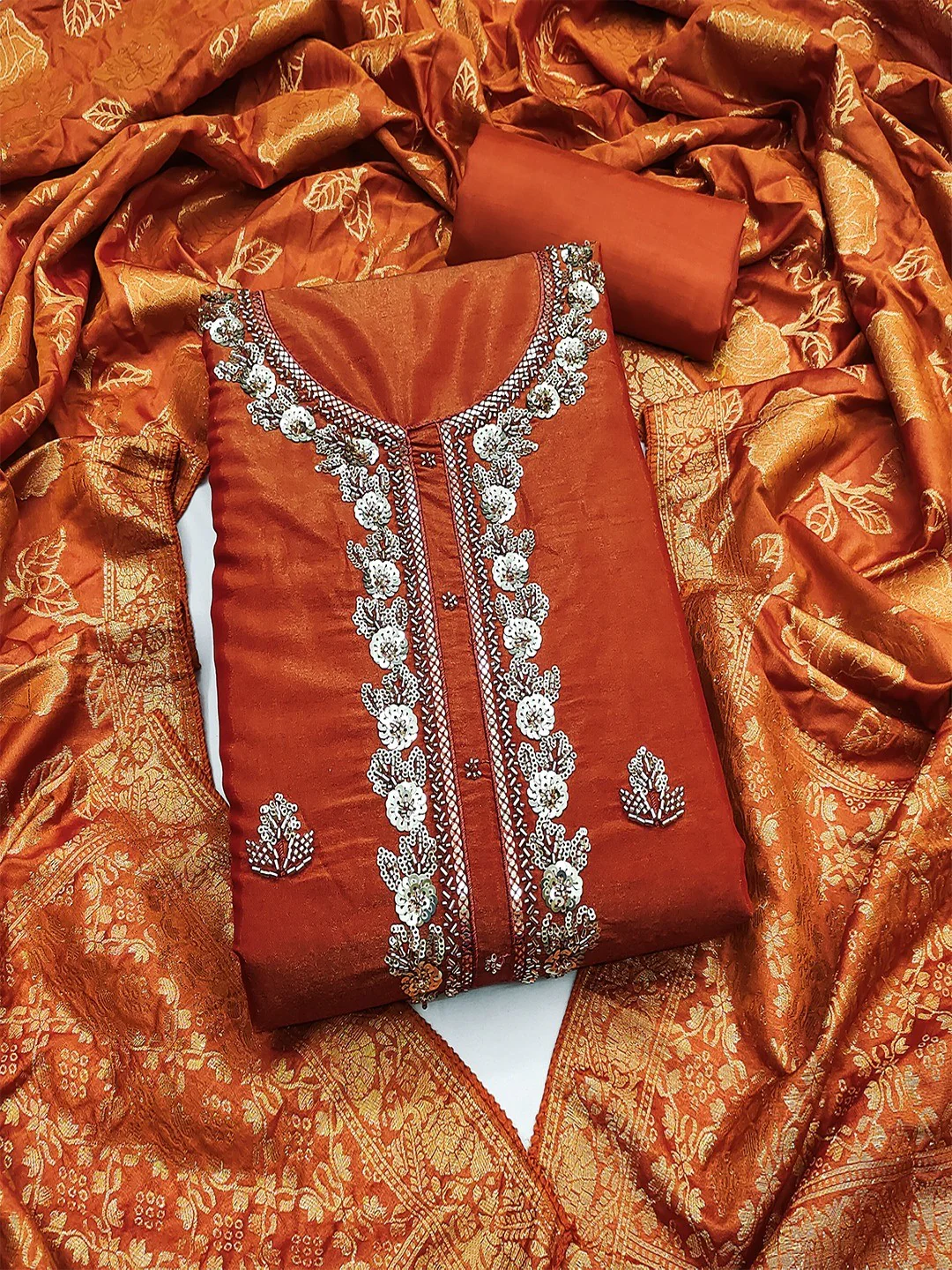 Elegant Rust Shimmer Unstitched Dress Material with Floral Dupatta - Image 3