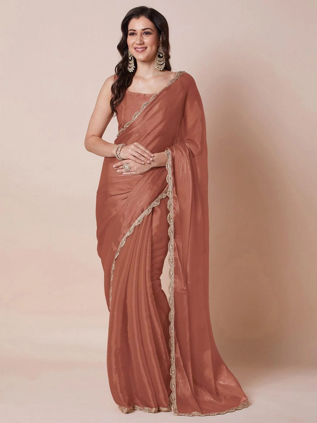 Elegant Rust Solid Art Silk Saree with Delicate Lace Border