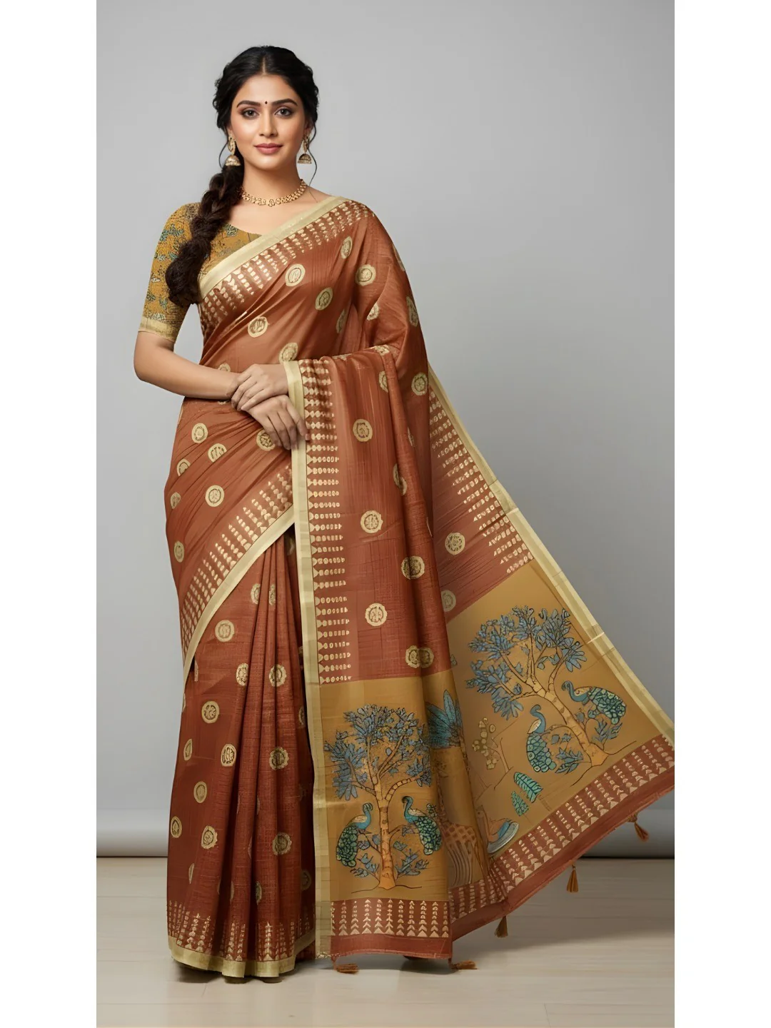 Elegant Rust Tussar Silk Saree Featuring Zari Checks Weaving With Bird & Animal Printed Pallu