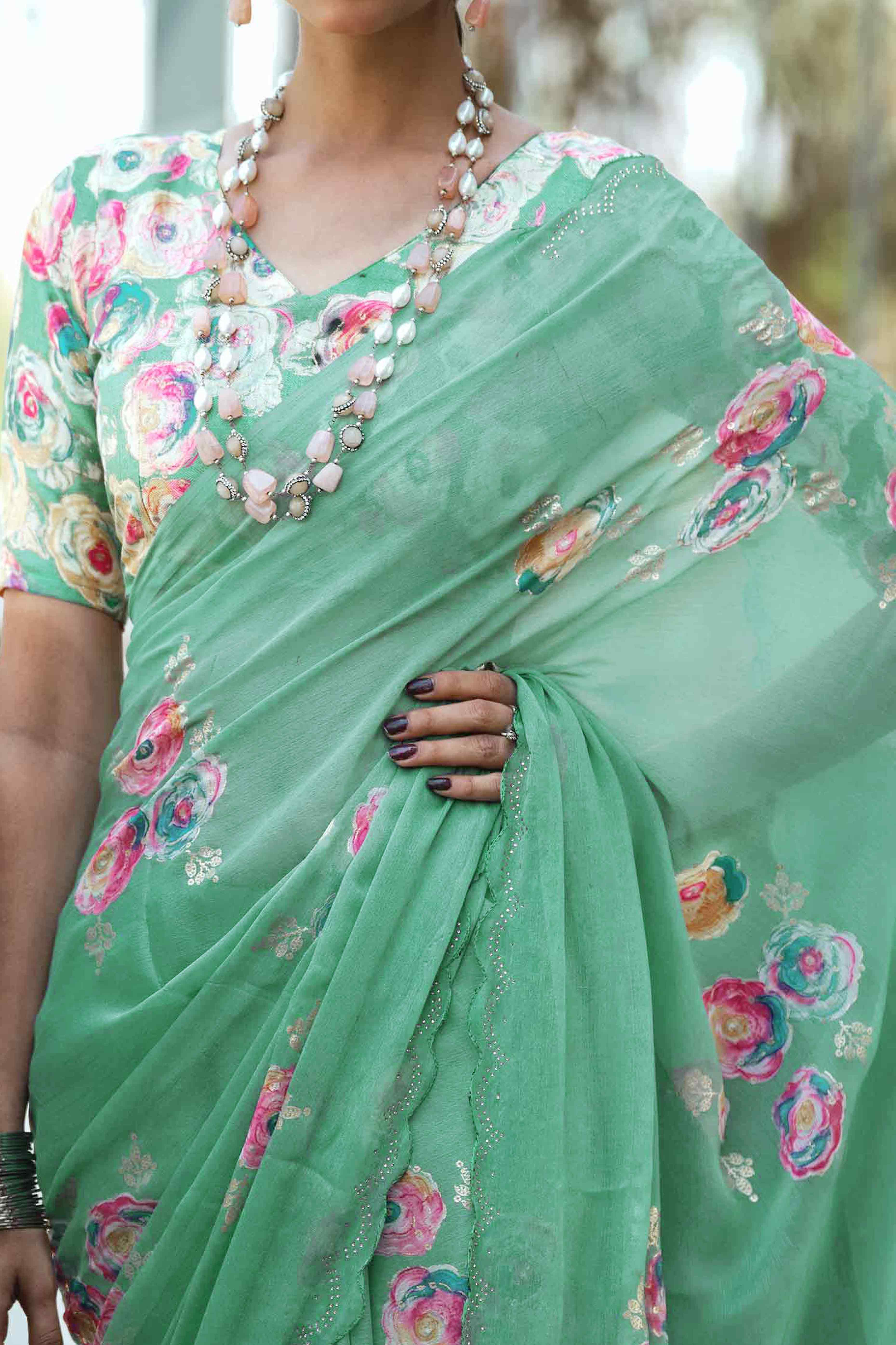 Elegant Sea Green Chiffon Saree with Floral and Foil Print Detailing - Image 2