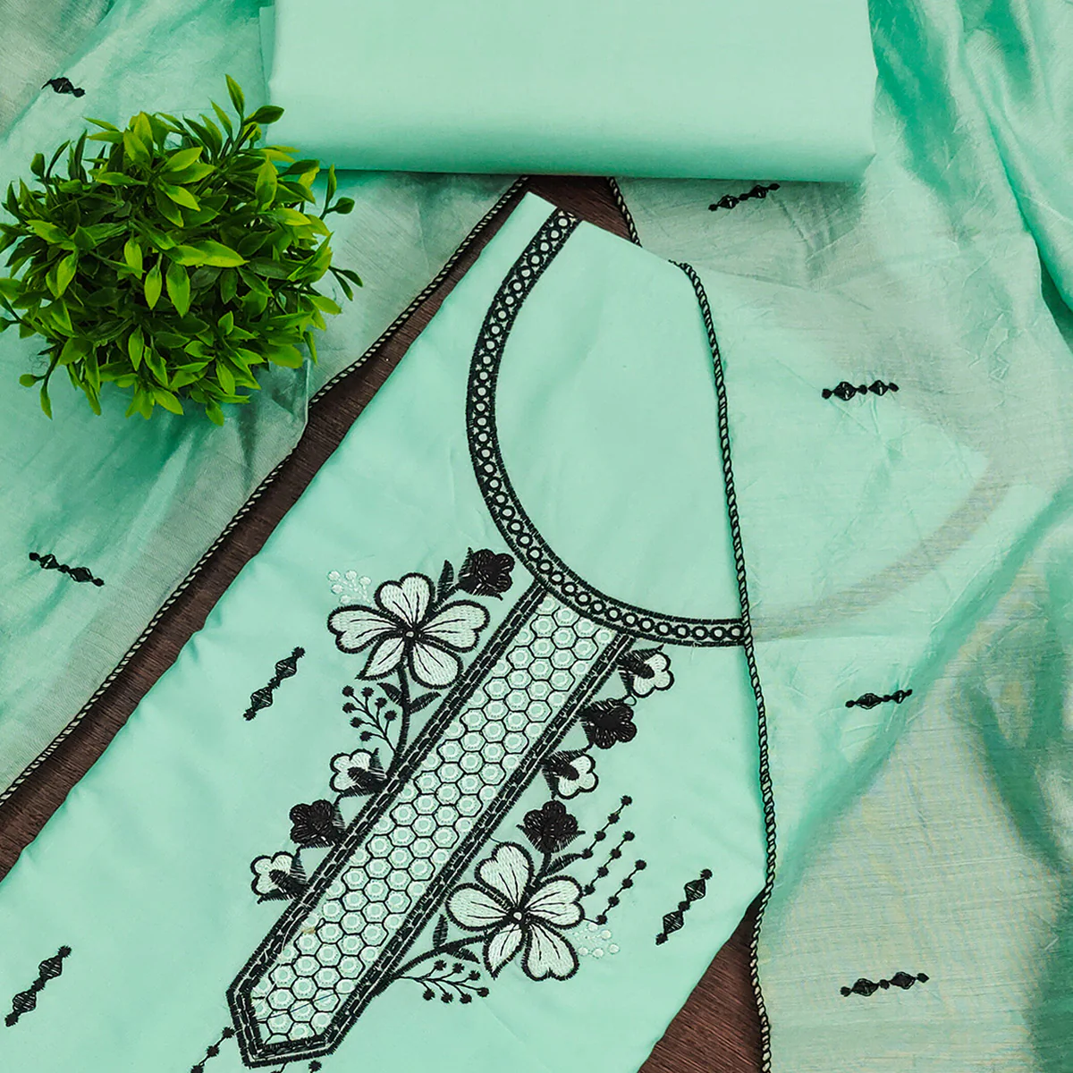 Elegant Sea Green Cotton Blend Dress Material with Delicate Thread Embroidered Detailing - Image 2