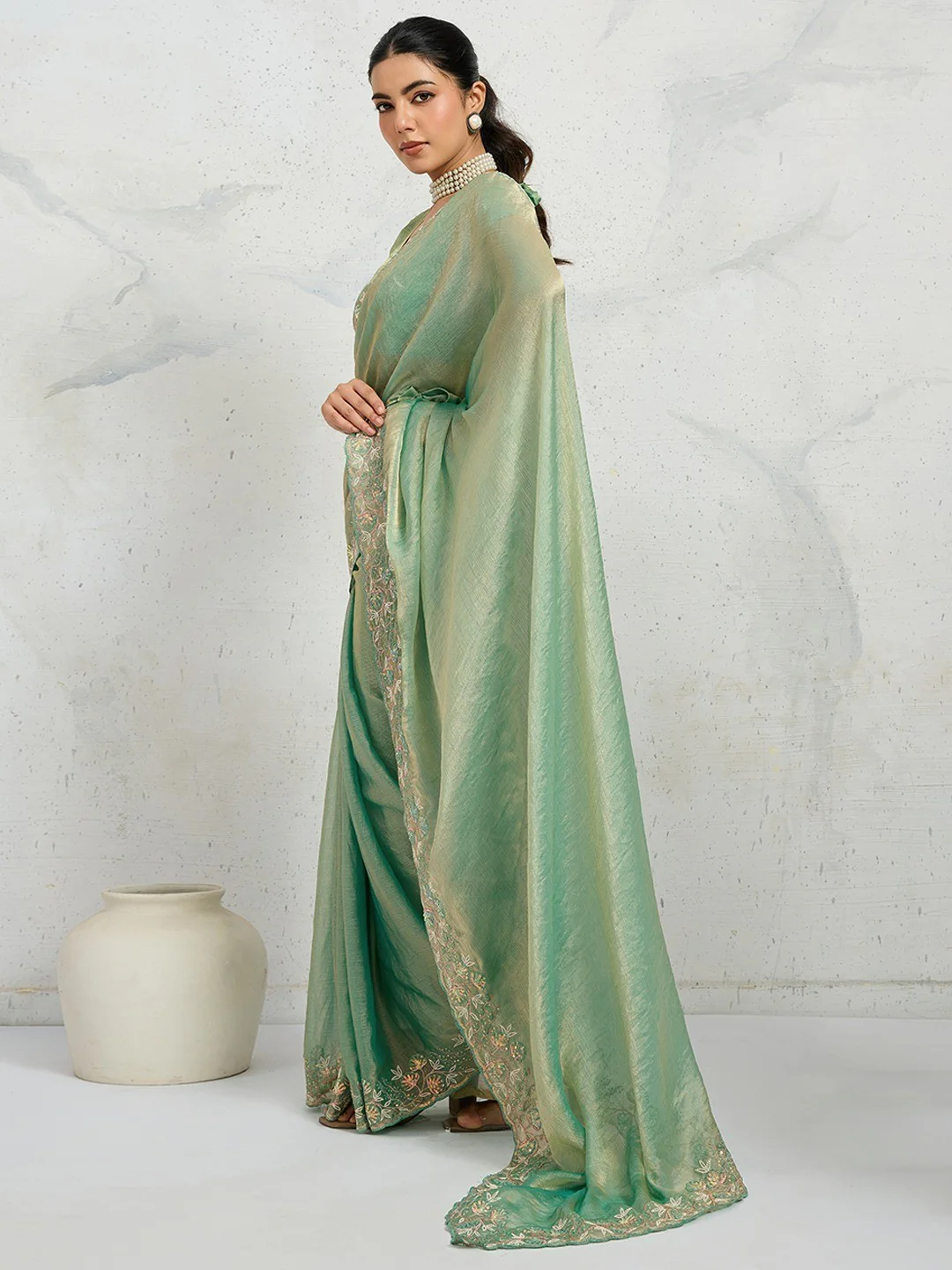 Elegant Sea Green Floral Thread & Zari Embroidered Chiffon Velvet Saree With Shimmering Sequins - Image 7