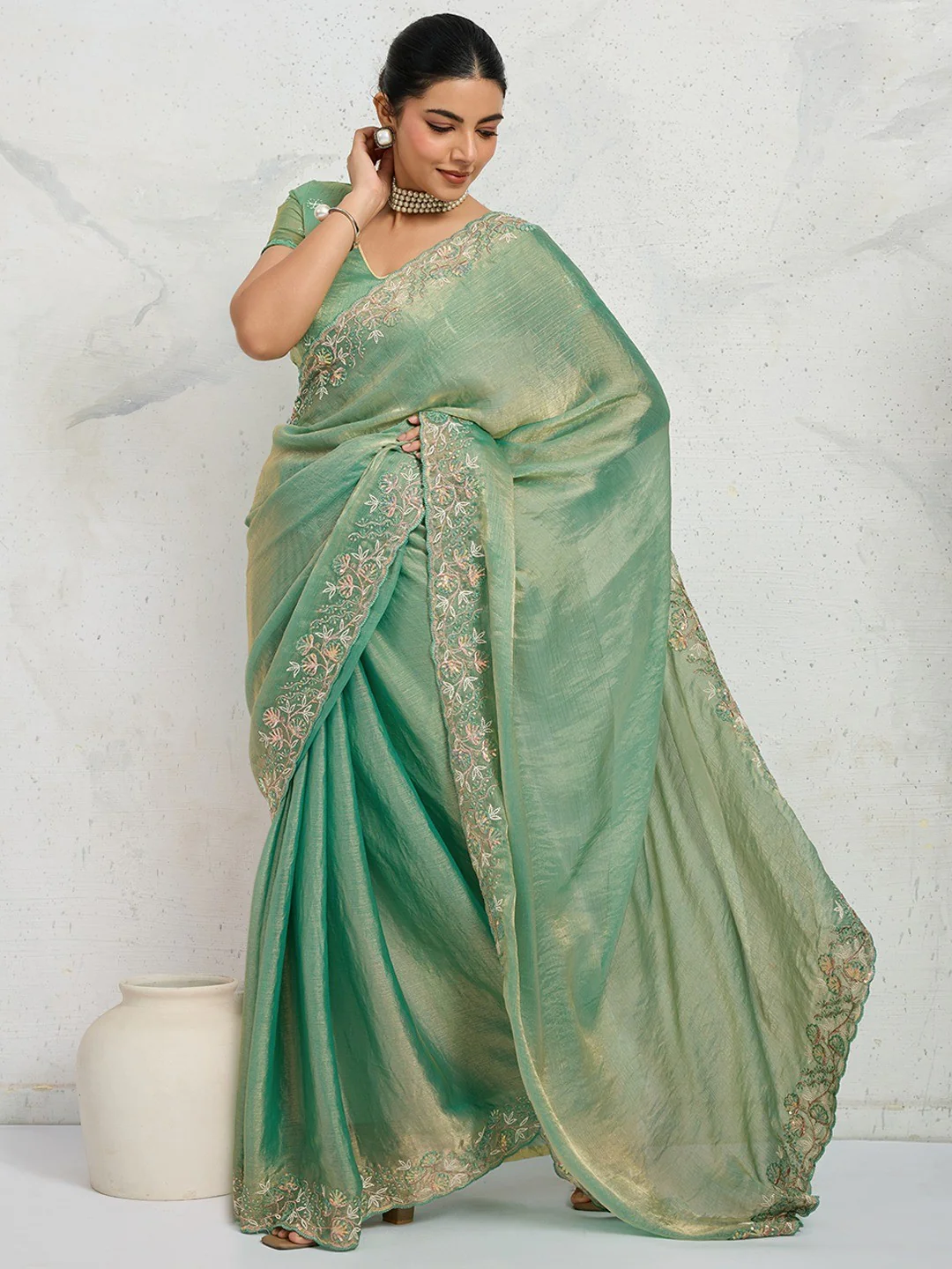 Elegant Sea Green Floral Thread & Zari Embroidered Chiffon Velvet Saree With Shimmering Sequins - Image 8
