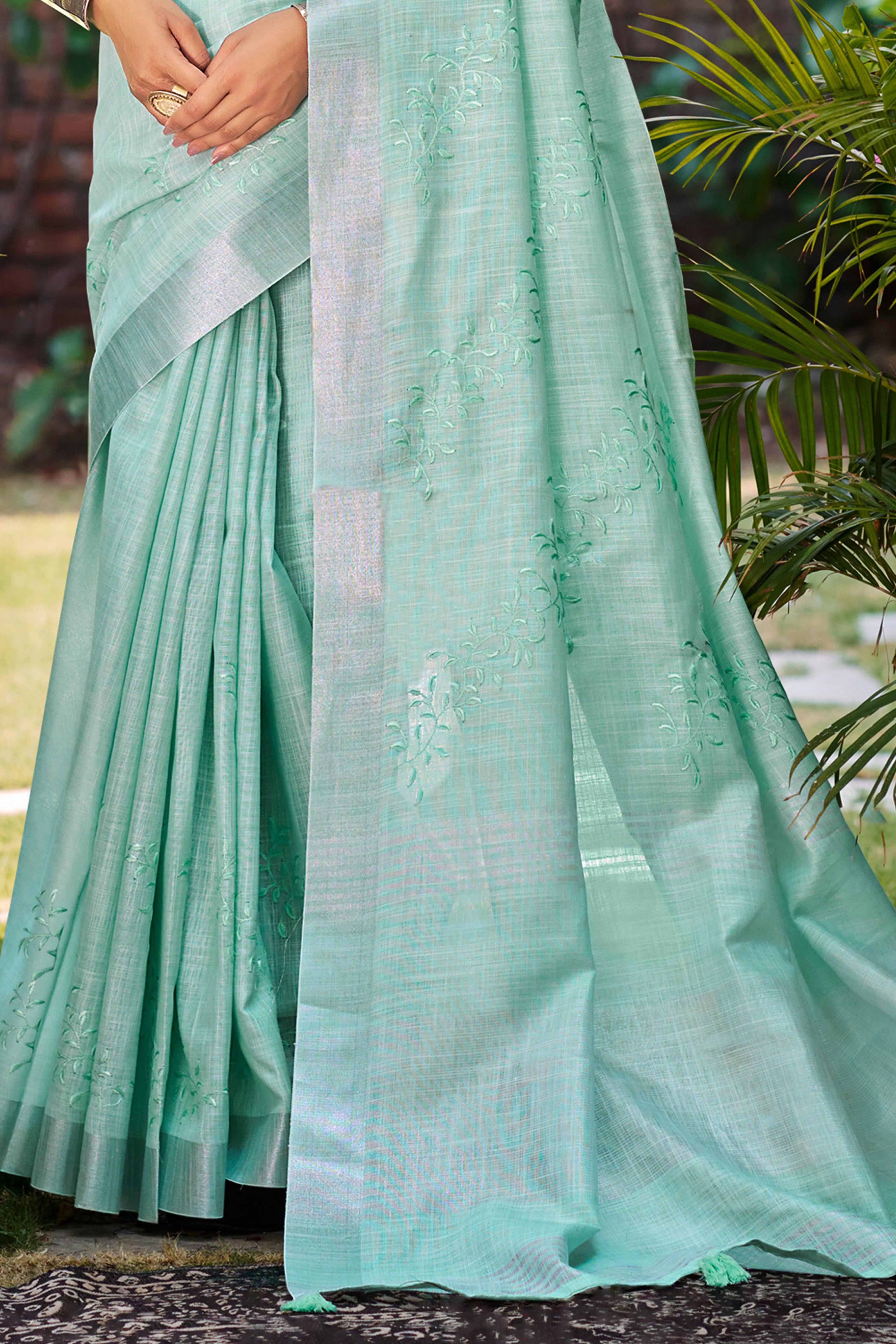Elegant Sea Green Linen Saree Featuring Intricate Woven & Embroidered Patterns - Image 4