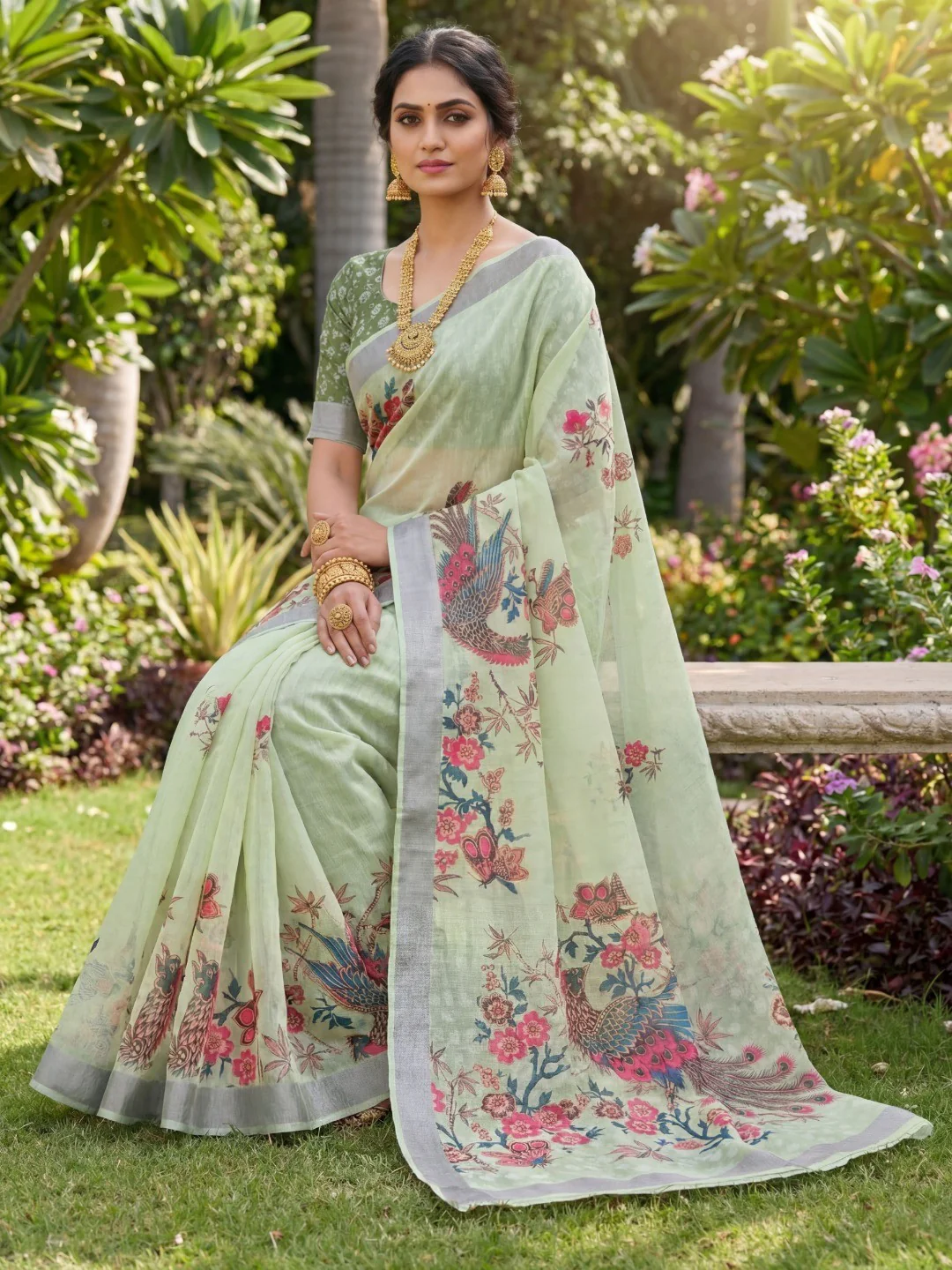Elegant Sea Green Linen Saree with Floral Digital Print - Image 4