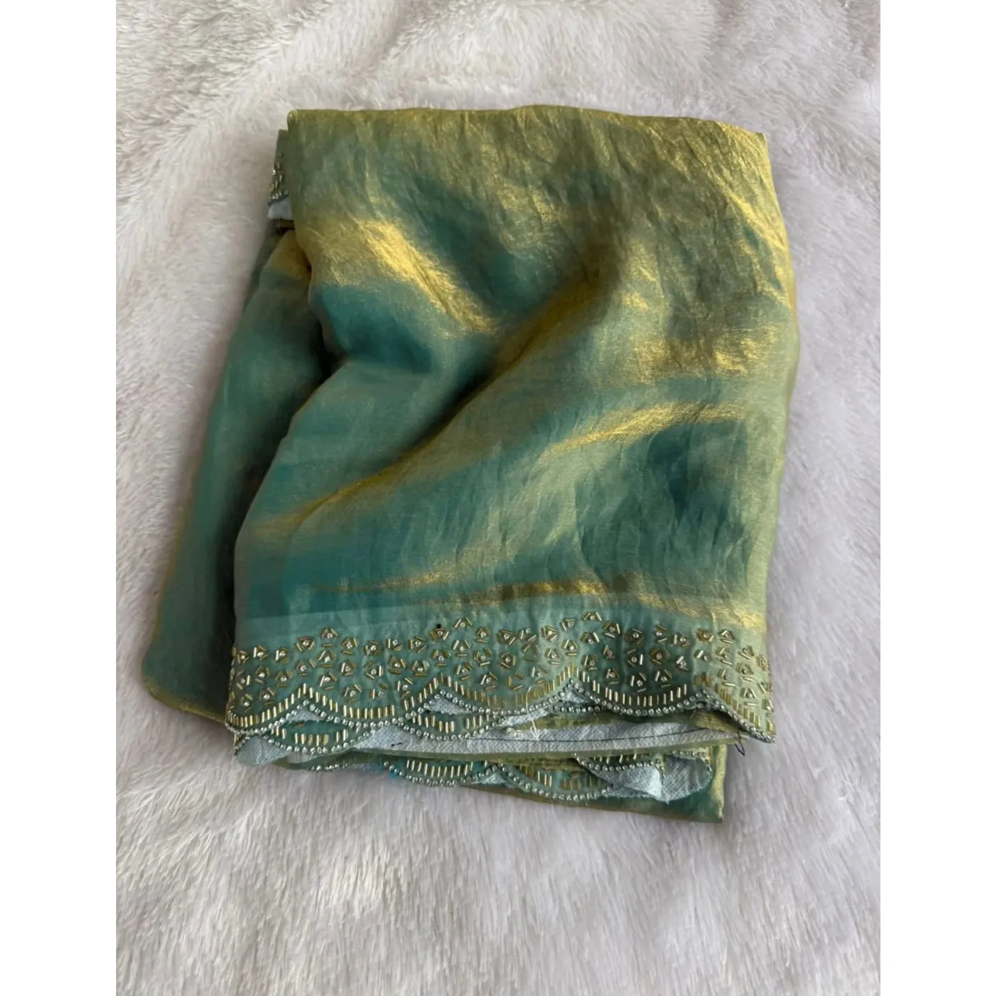 Elegant Sea Green Satin Saree Embellished in Gold Shine - Image 6