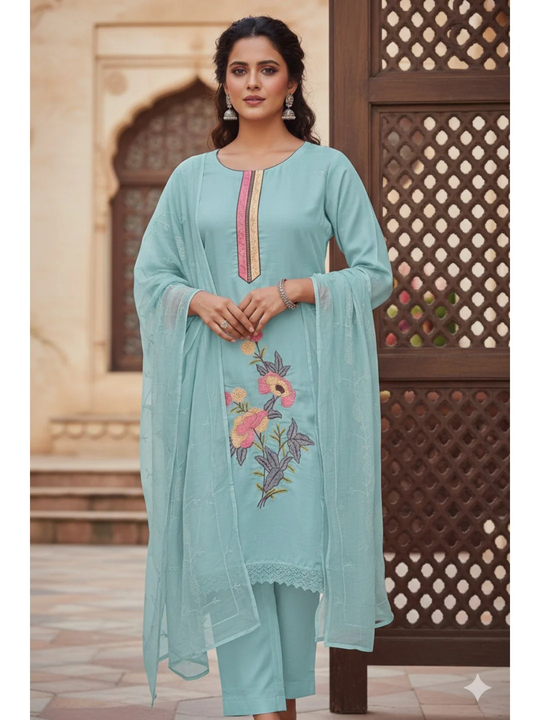 Elegant Sky Blue Floral Embroidery Roman Art Silk Dress Material With Sparkling Swarovski
