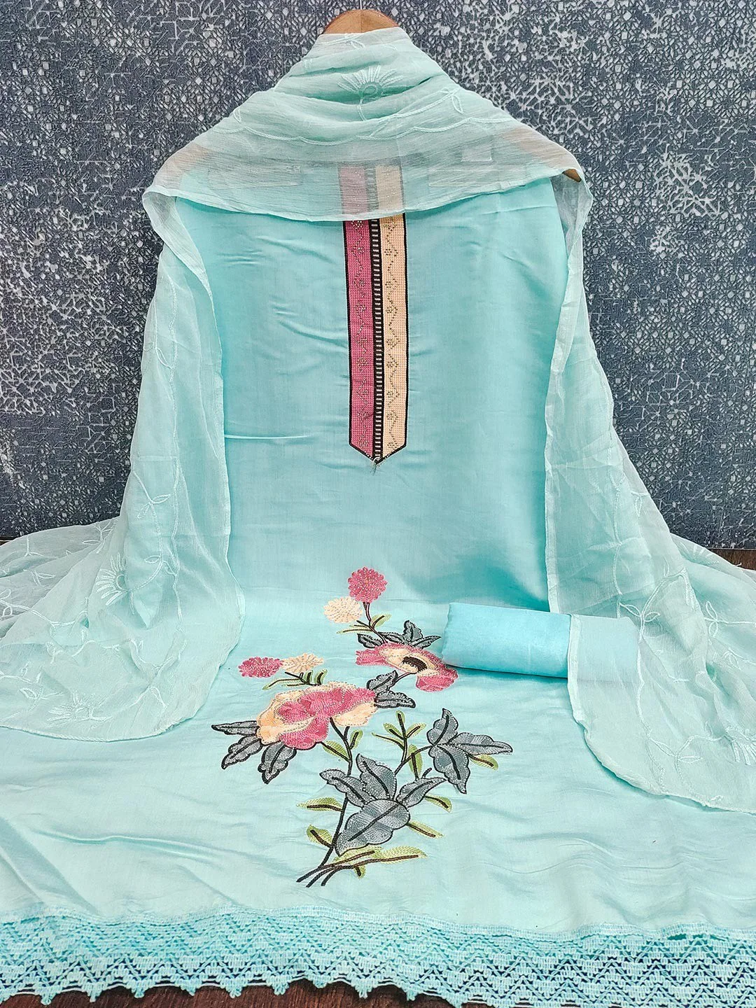 Elegant Sky Blue Floral Embroidery Roman Art Silk Dress Material With Sparkling Swarovski - Image 6