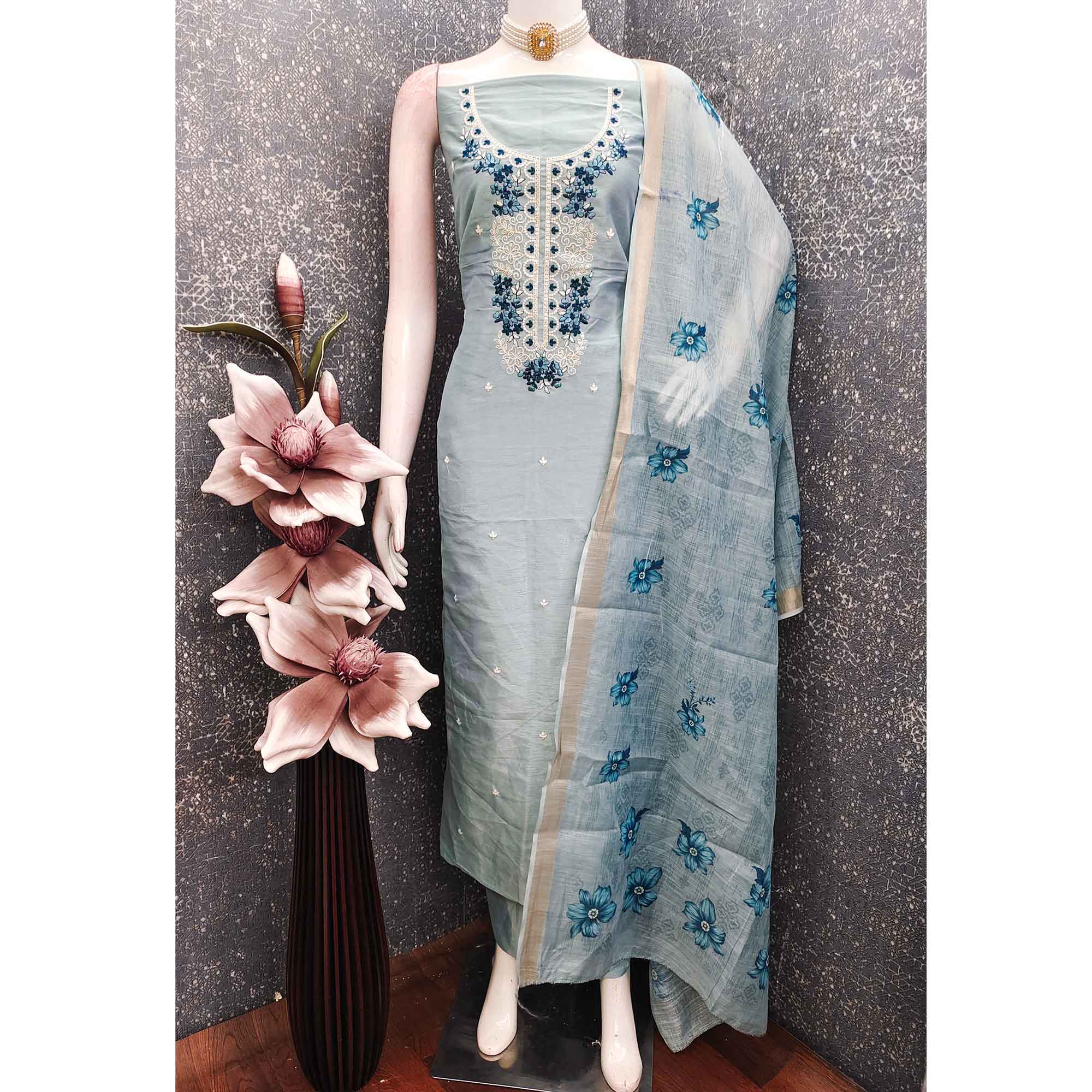 Elegant Sky Blue Floral Thread Embroidered Art Silk Dress Material Adorned With Shimmering Sequins - Image 3
