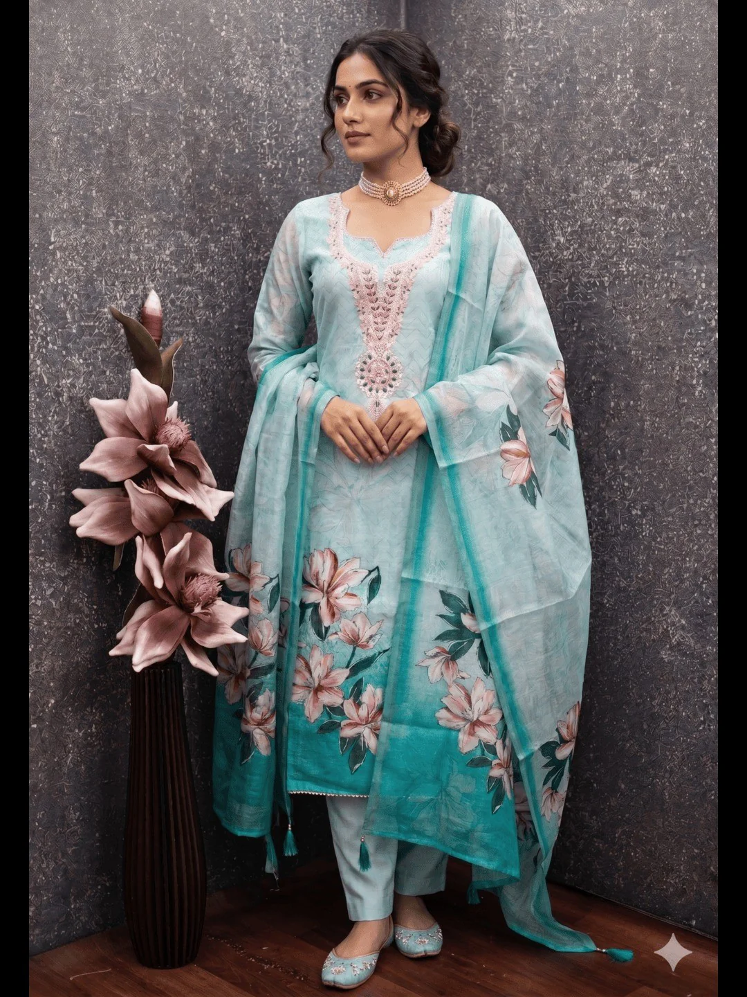Elegant Sky Blue Linen Dress Material with Floral Thread Work and Dupatta
