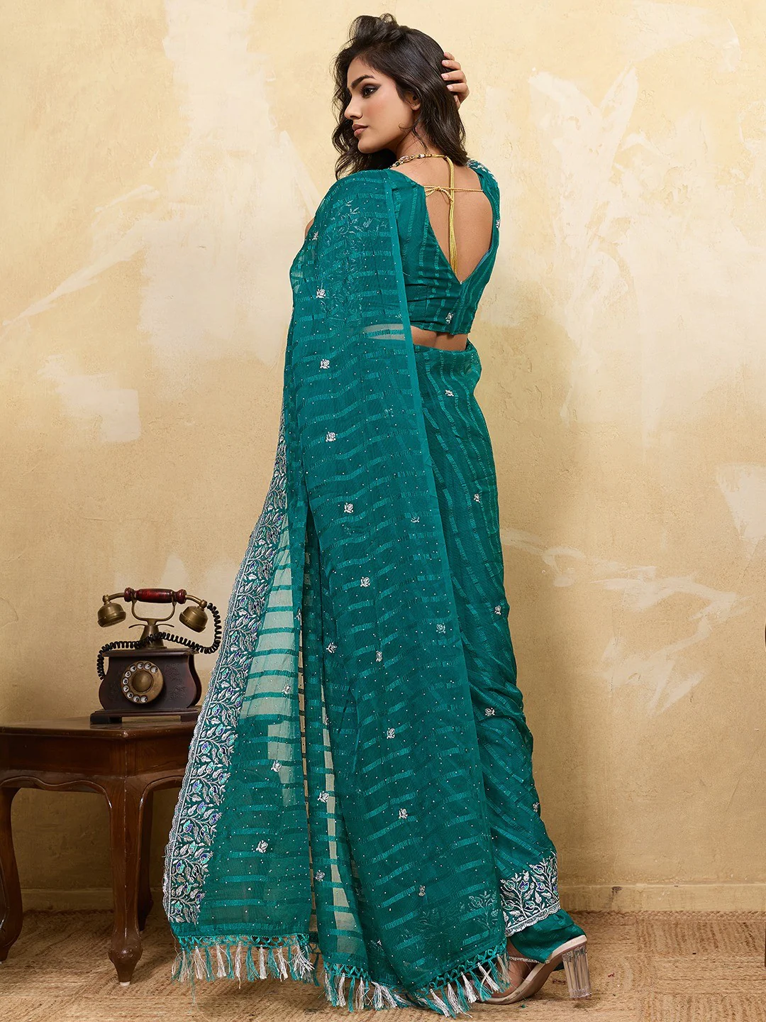 Elegant Teal Chiffon Saree Adorned With Floral Embroidery & Shimmering Swarovski Work - Image 3