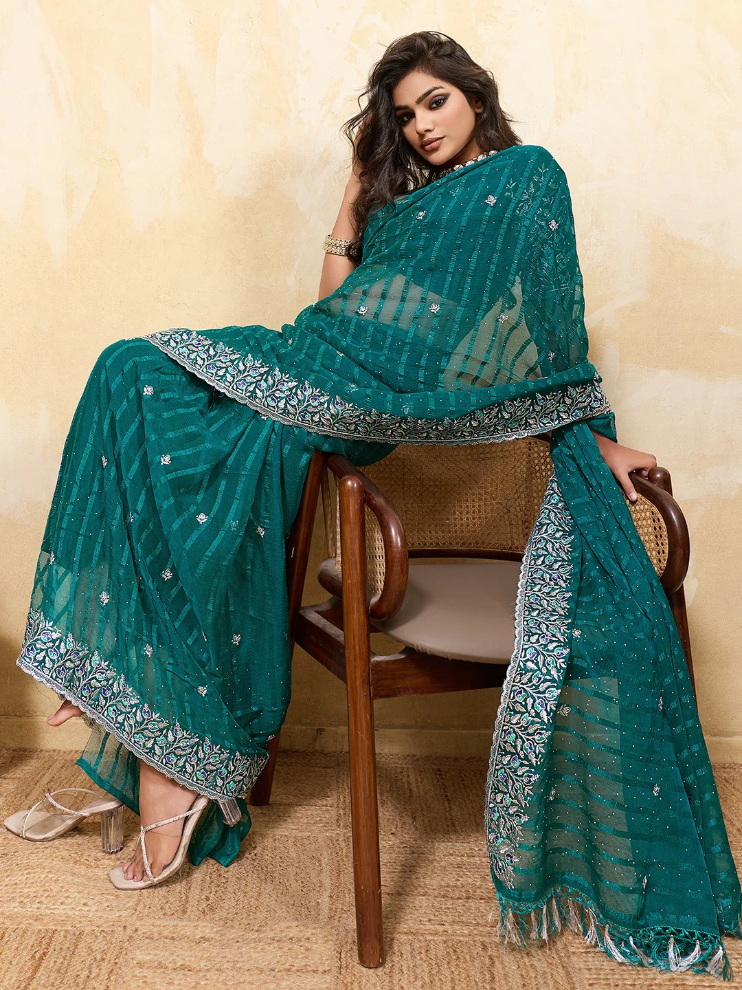 Elegant Teal Chiffon Saree Adorned With Floral Embroidery & Shimmering Swarovski Work - Image 4