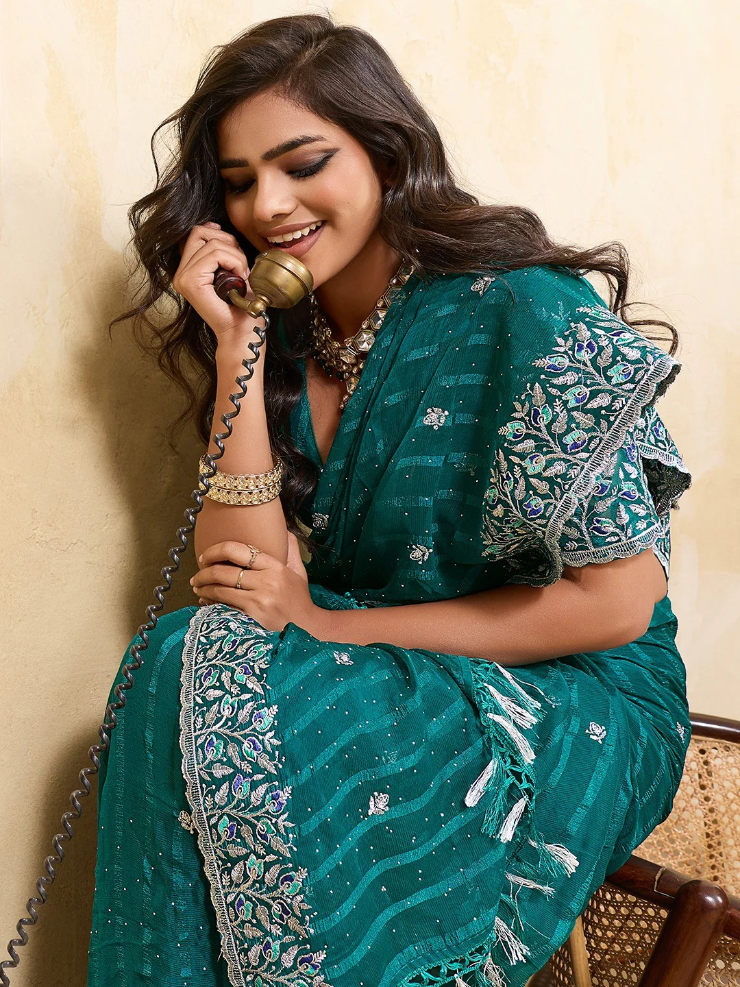 Elegant Teal Chiffon Saree Adorned With Floral Embroidery & Shimmering Swarovski Work - Image 5