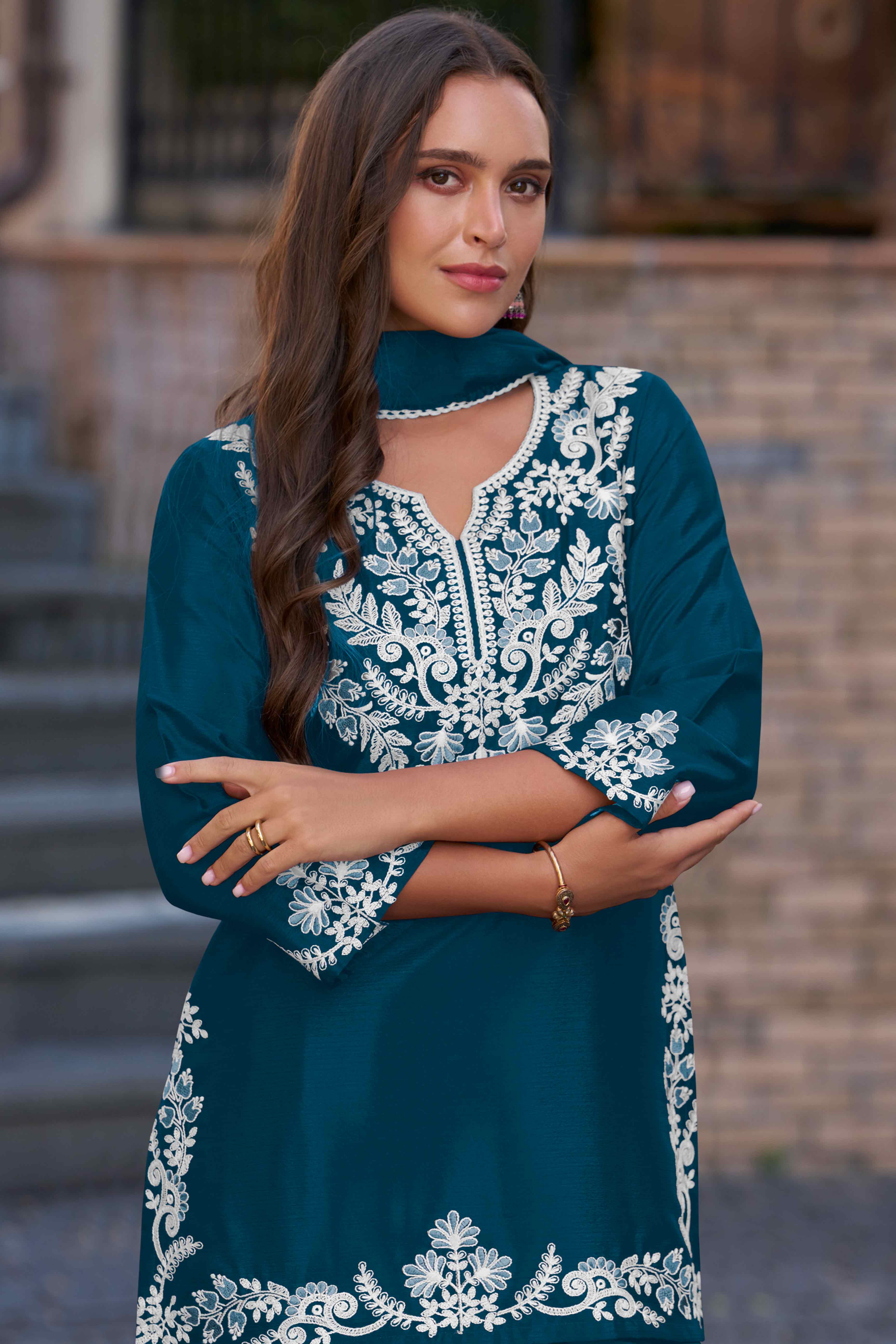 Elegant Teal Chinon Sharara Suit with Intricate Floral Embroidery - Image 3