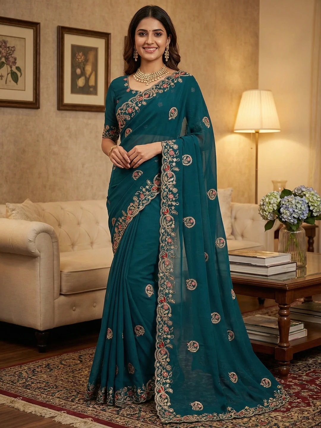 Elegant Teal Floral Cording Embroidered Georgette Saree Highlighted With Shimmering Sequins