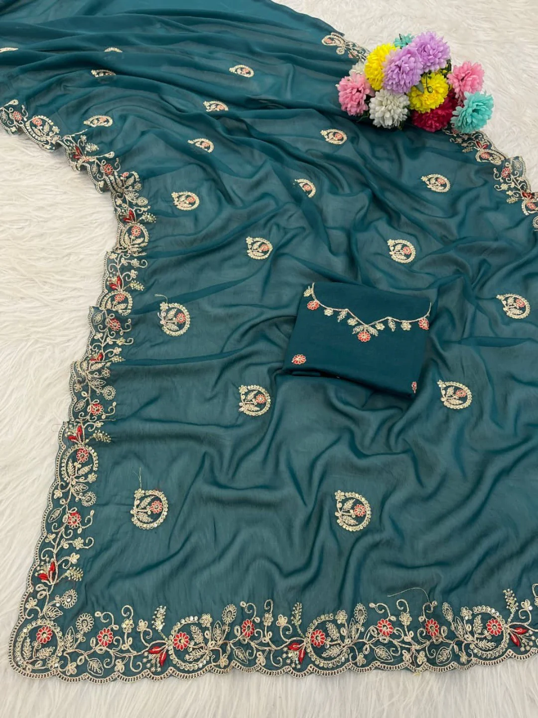 Elegant Teal Floral Cording Embroidered Georgette Saree Highlighted With Shimmering Sequins - Image 10