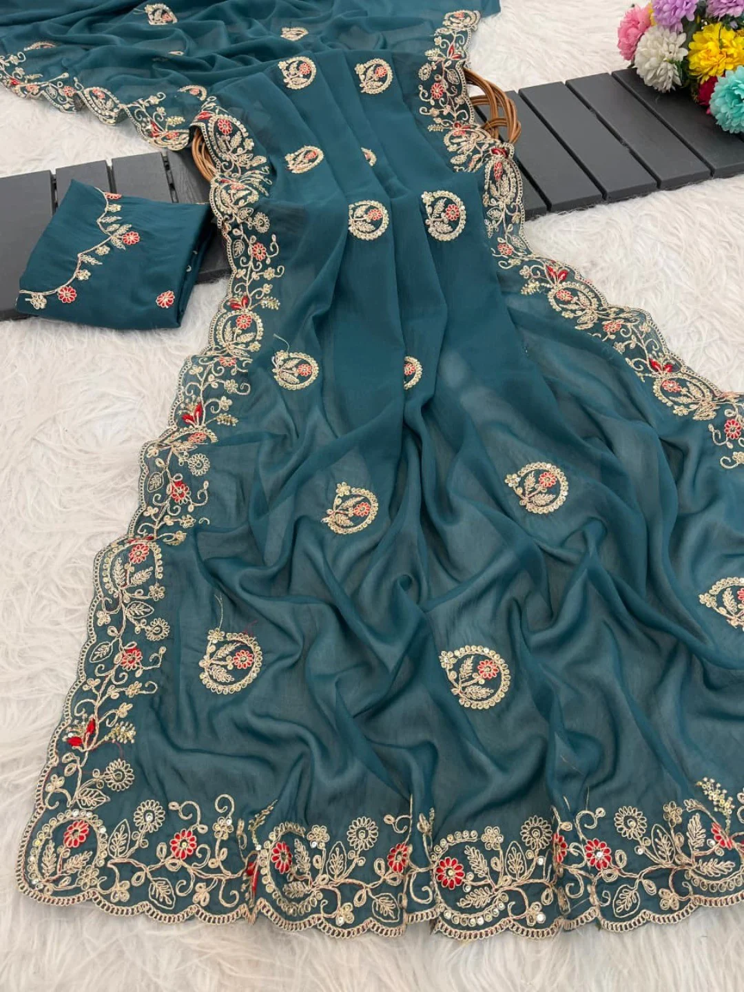 Elegant Teal Floral Cording Embroidered Georgette Saree Highlighted With Shimmering Sequins - Image 6