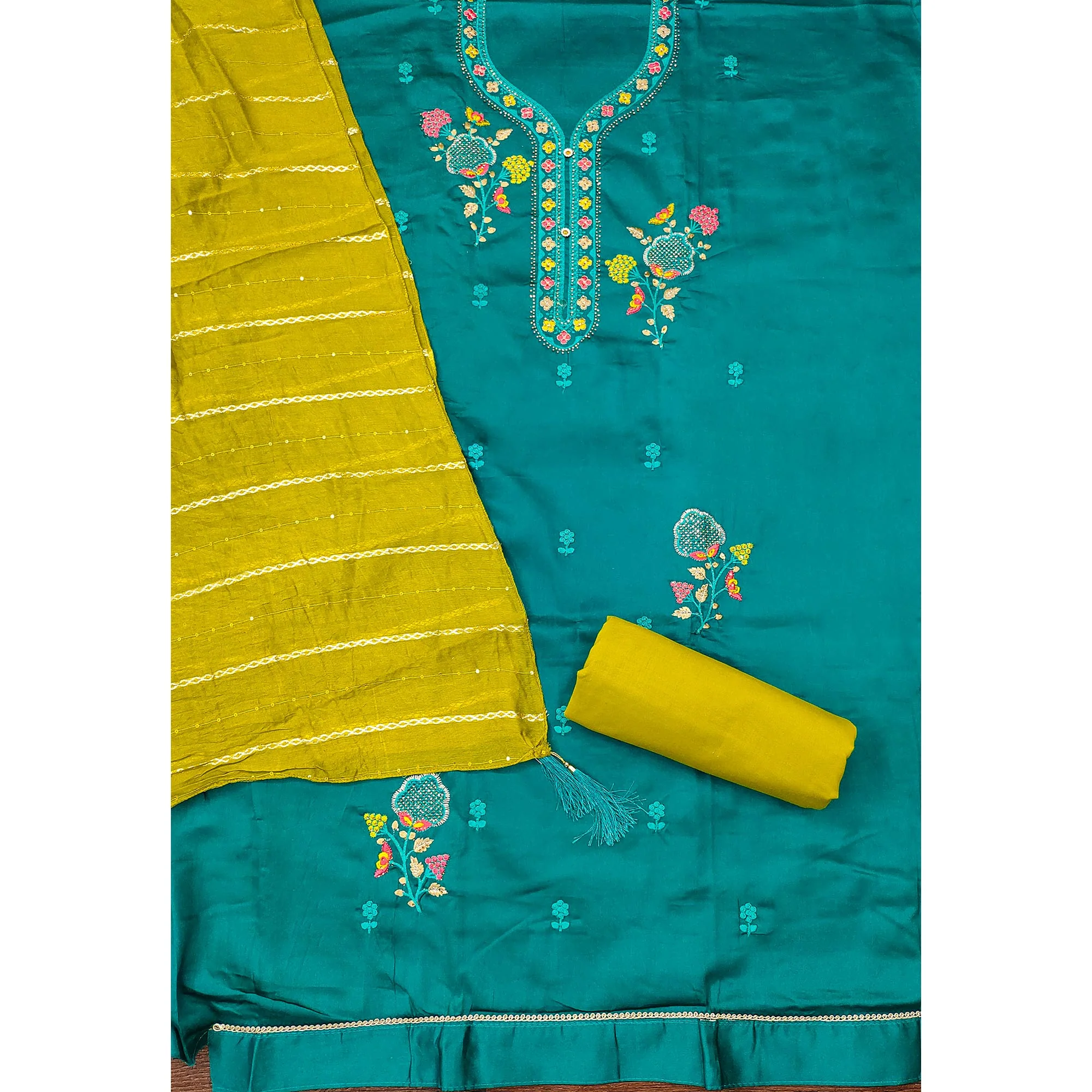 Elegant Teal Floral Embroidered Cotton Dress Fabric for Custom Stitching - Image 4