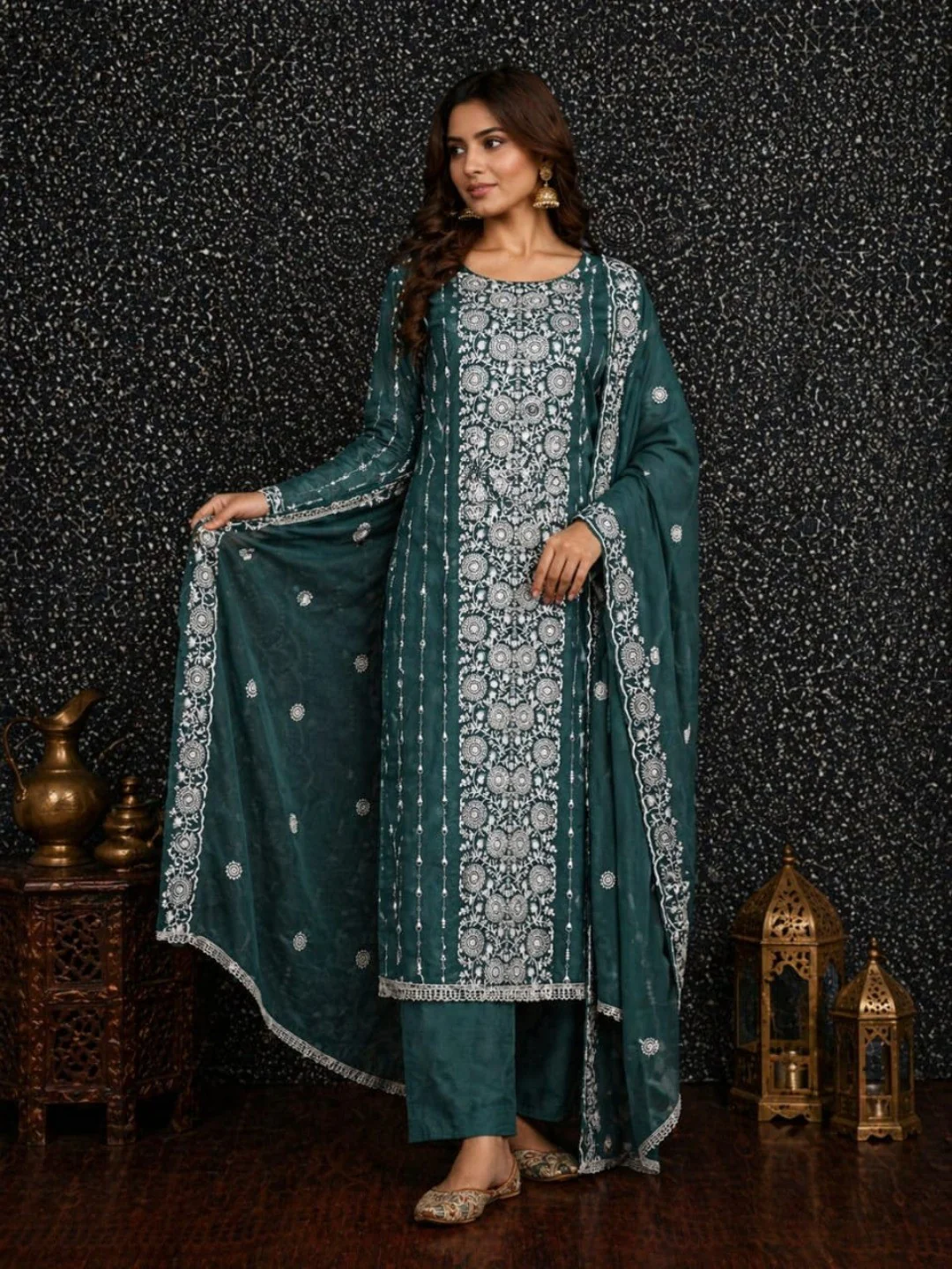 Elegant Teal Georgette Embroidered Unstitched Suit Material