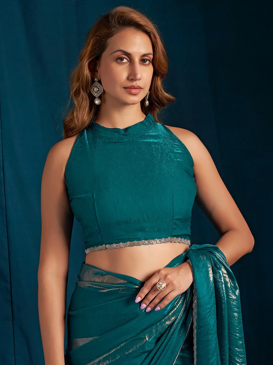 Elegant Teal Satin Silk Saree Featuring Striped Foil Printed Design & Stone Work Border - Image 5