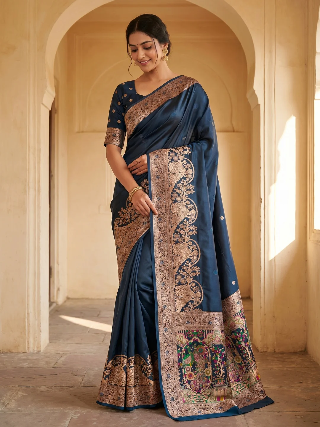 Elegant Teal Satin Silk Saree with Intricate Zari Weaving and Floral Motifs