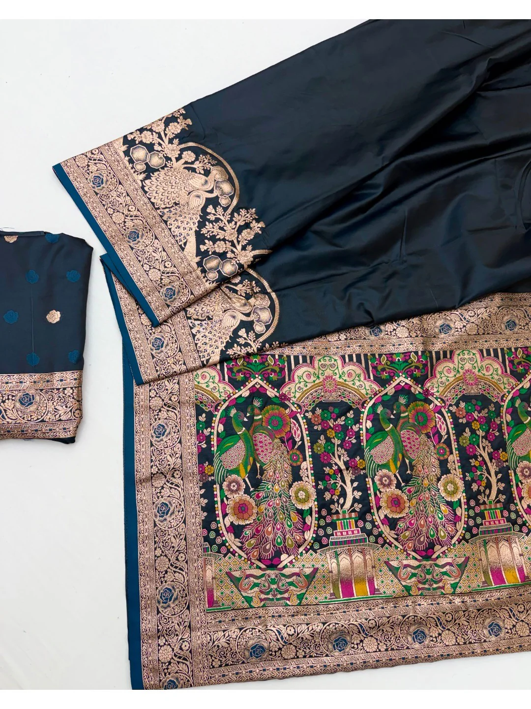 Elegant Teal Satin Silk Saree with Intricate Zari Weaving and Floral Motifs - Image 3