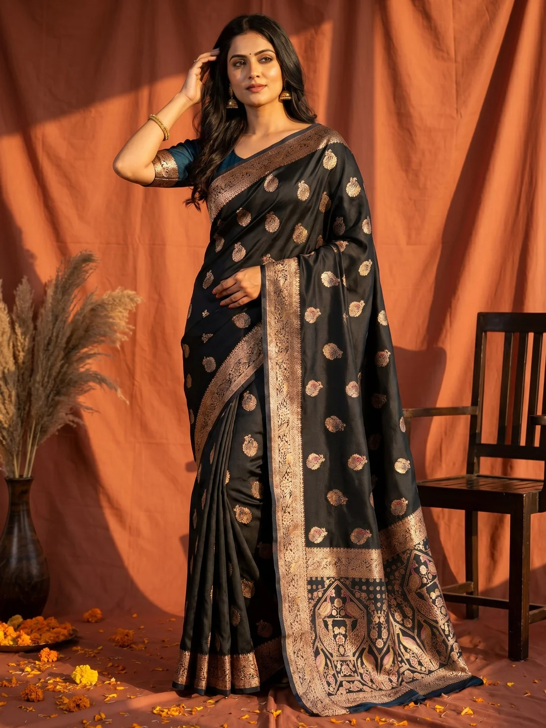 Elegant Teal Satin Zari Weaving Saree with Sophisticated Drape