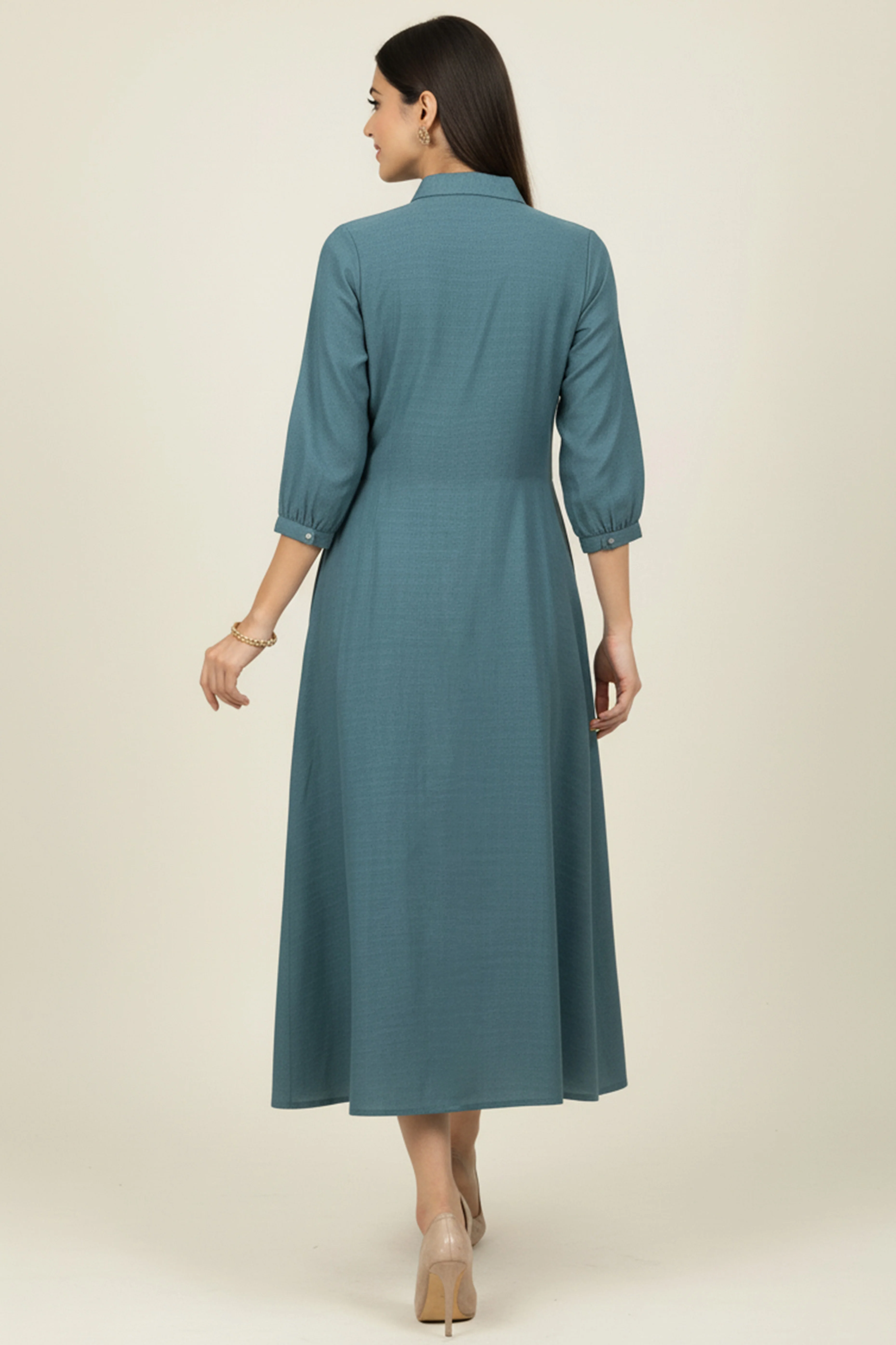 Elegant Teal Twill Cotton Dress Kurti with Delicate Floral Embroidery - Image 3