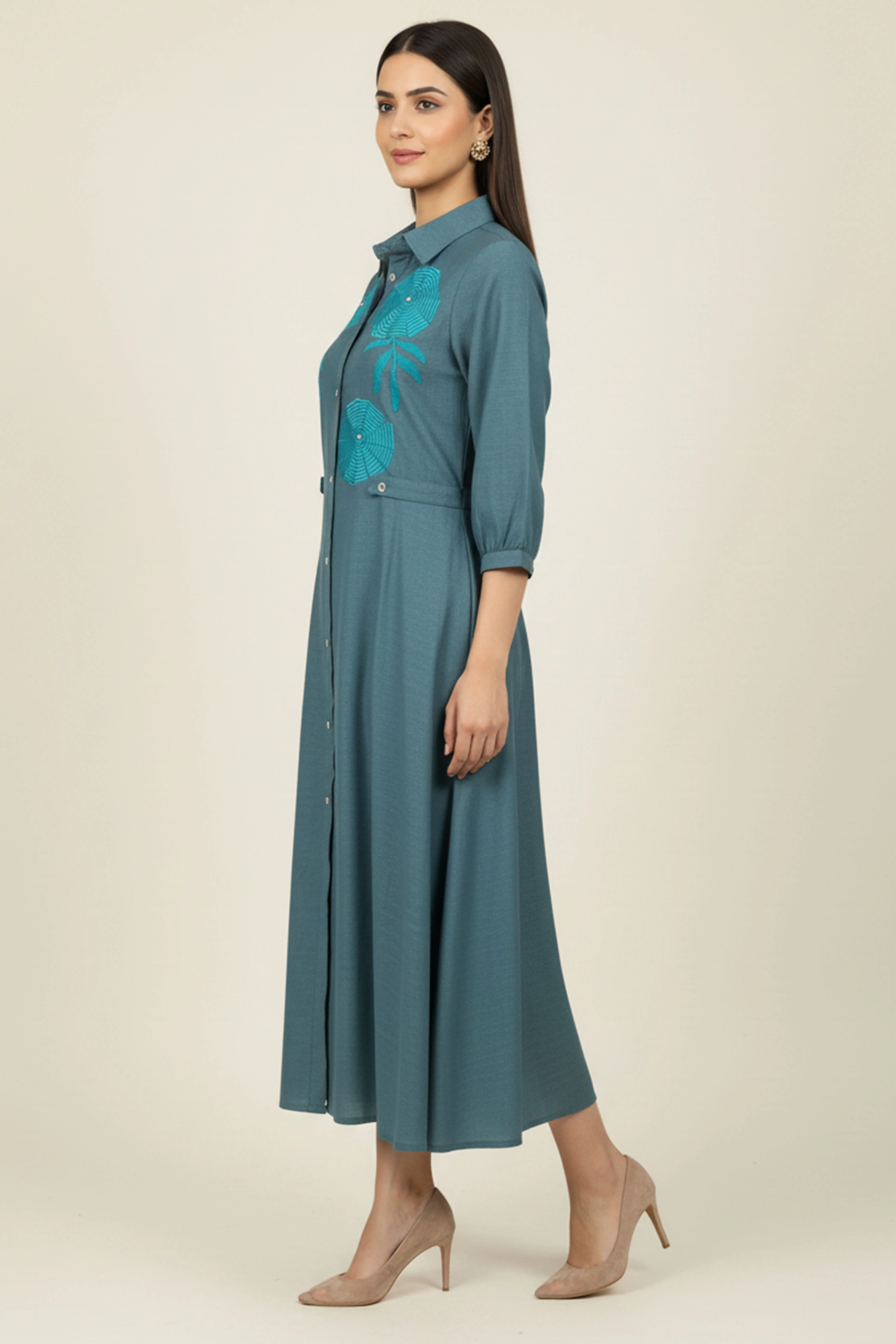 Elegant Teal Twill Cotton Dress Kurti with Delicate Floral Embroidery - Image 4