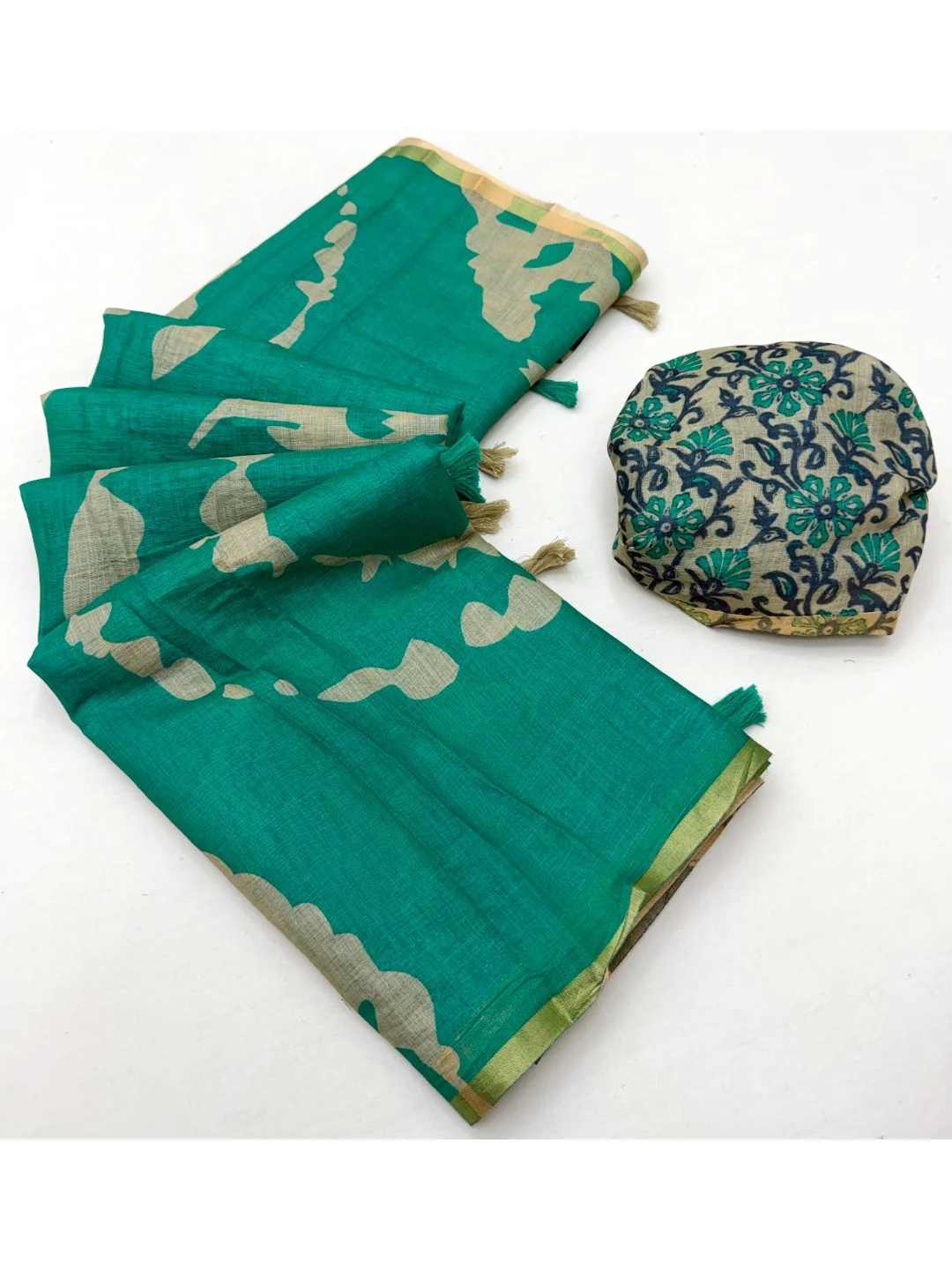 Elegant Turquoise Abstract Print Linen Saree with Floral Blouse - Image 3