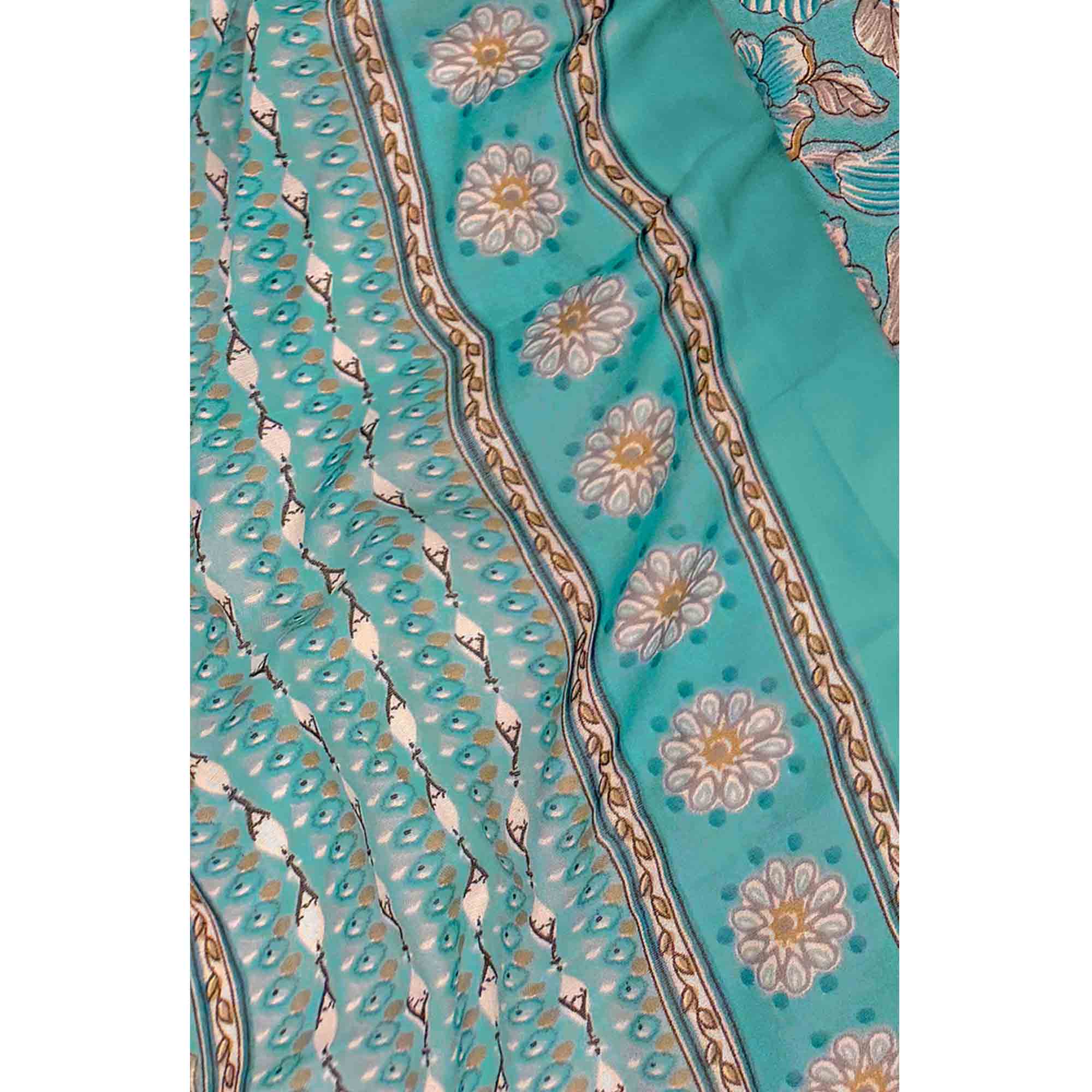 Elegant Turquoise Floral Printed Cotton Blend Dress Material Adorned With Intricate Lace Border - Image 6