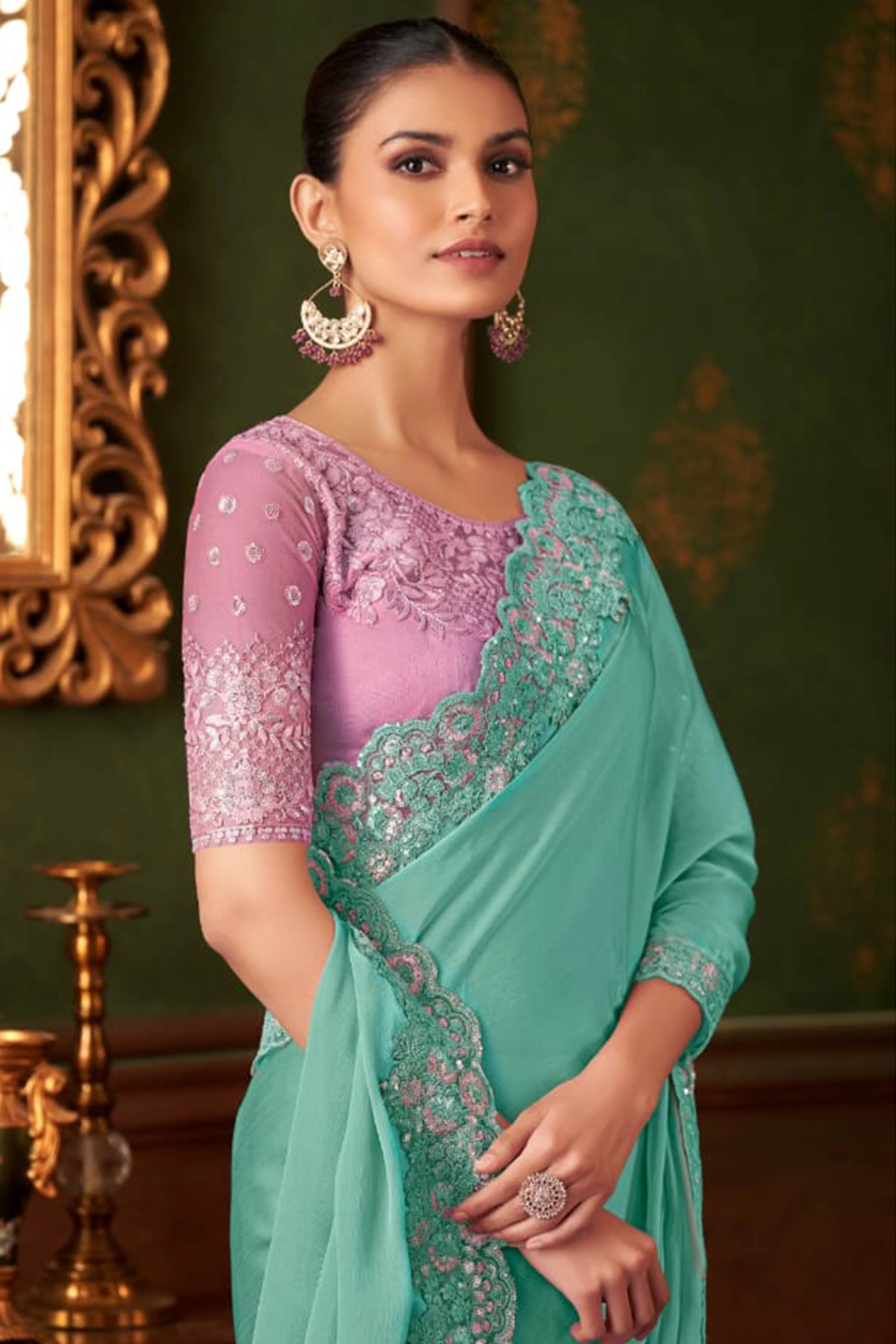 Elegant Turquoise Floral Thread Embroidered Chiffon Saree Featuring Sequins Accents - Image 3