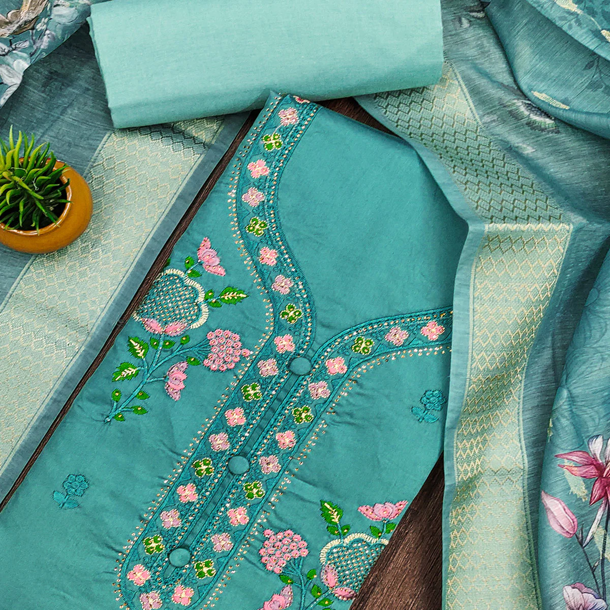 Elegant Turquoise Pure Cotton Dress Material Showcasing Fine Floral Embroidery & Swarovski Work - Image 2