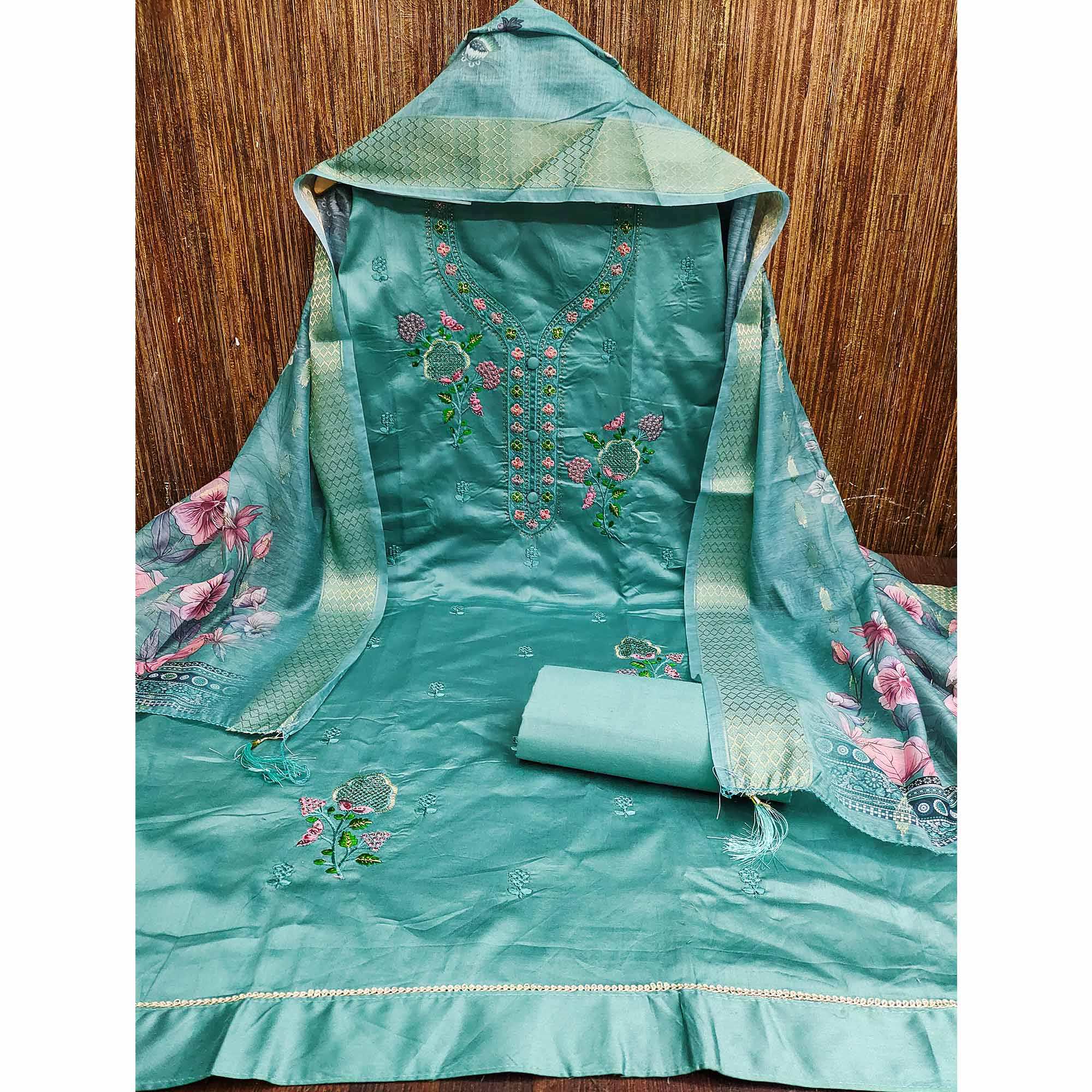 Elegant Turquoise Pure Cotton Dress Material Showcasing Fine Floral Embroidery & Swarovski Work - Image 3