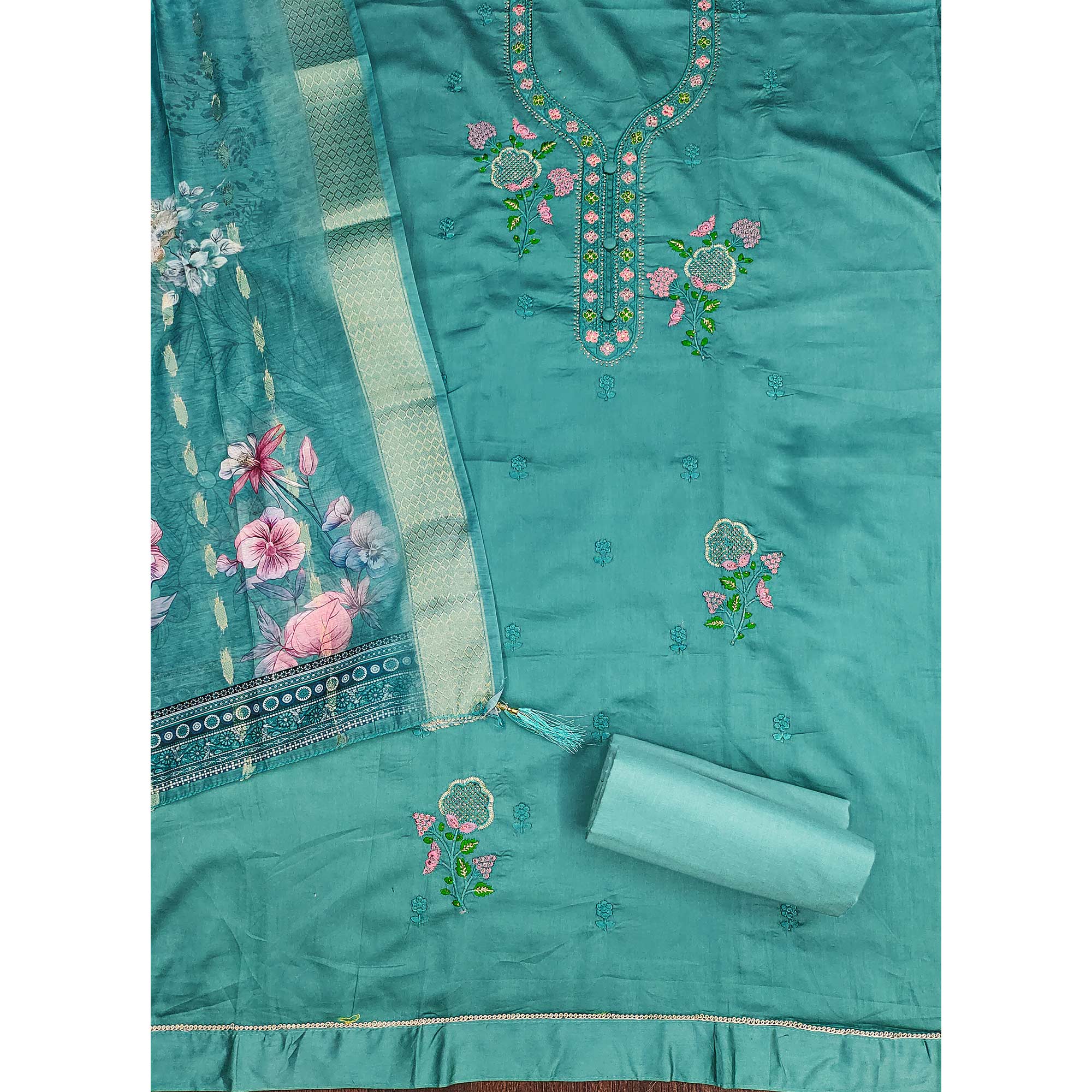Elegant Turquoise Pure Cotton Dress Material Showcasing Fine Floral Embroidery & Swarovski Work - Image 4