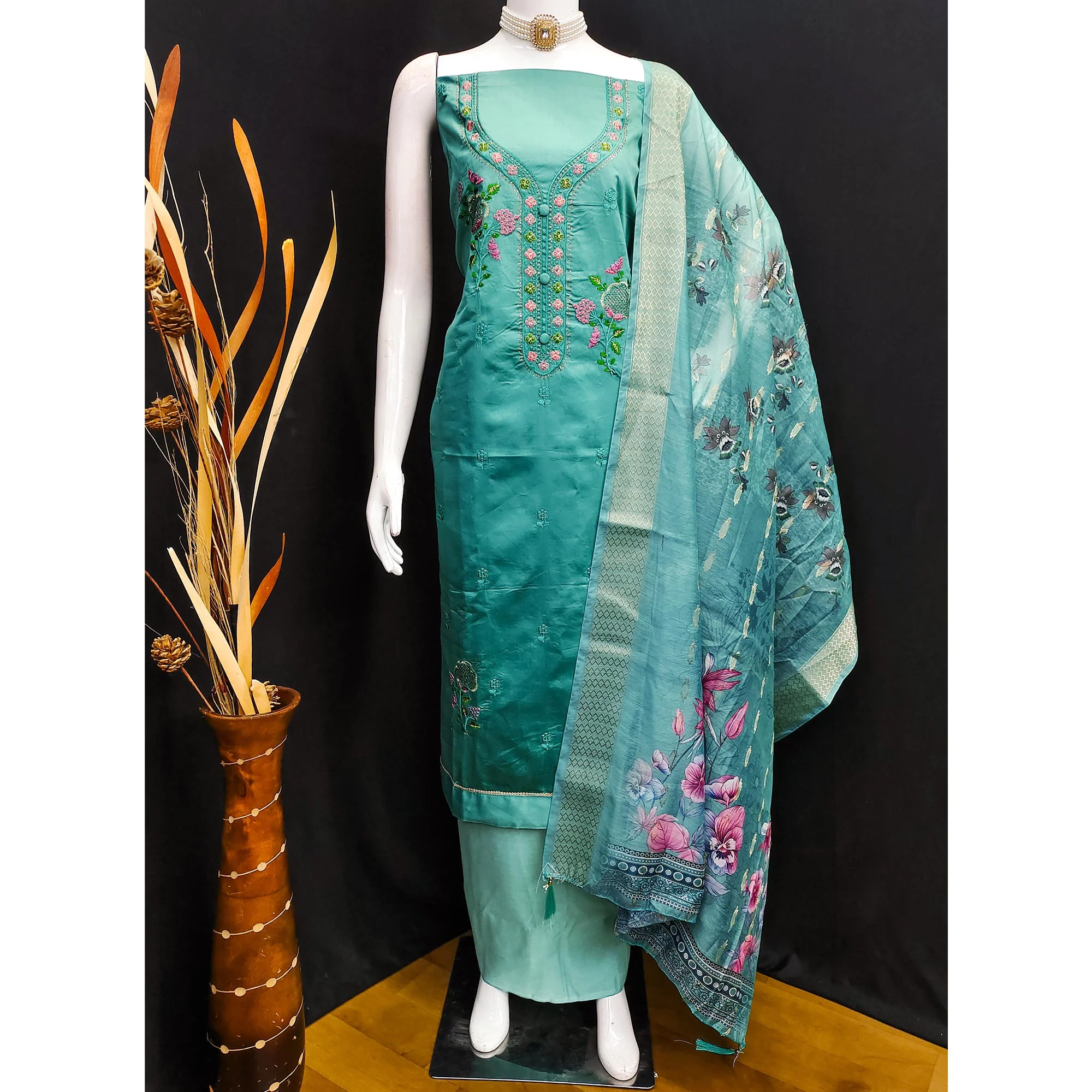 Elegant Turquoise Pure Cotton Dress Material Showcasing Fine Floral Embroidery & Swarovski Work - Image 5