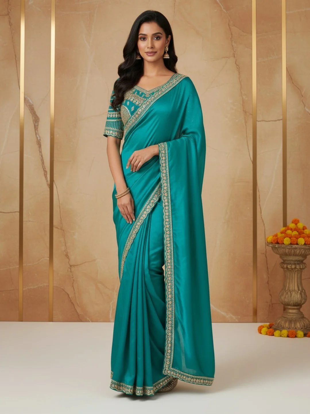 Elegant Turquoise Satin Saree with Embroidered Blouse