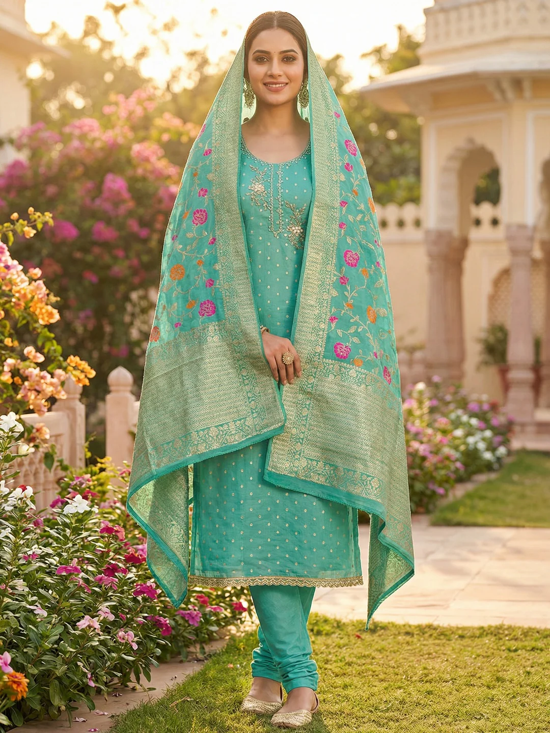 Elegant Turquoise Weaving Shimmer Banarasi Dress Material Adorned With Floral Moti & Sequin Work