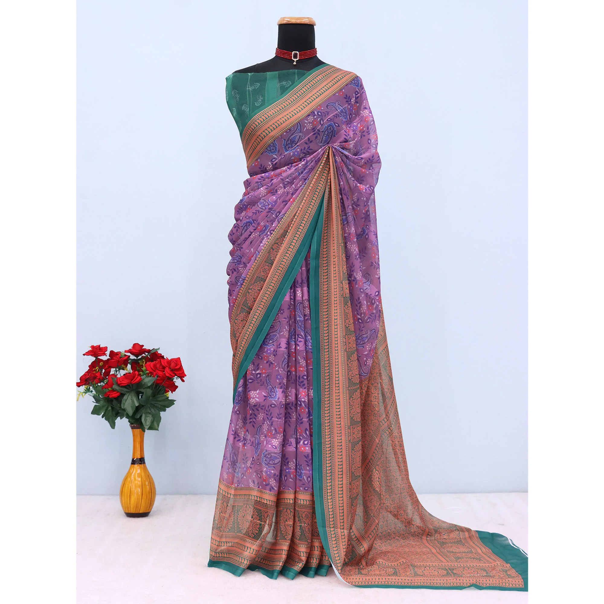 Elegant Violet & Green Floral Digital Printed Georgette Saree Adorned With Subtle Zari Stripes - Image 3