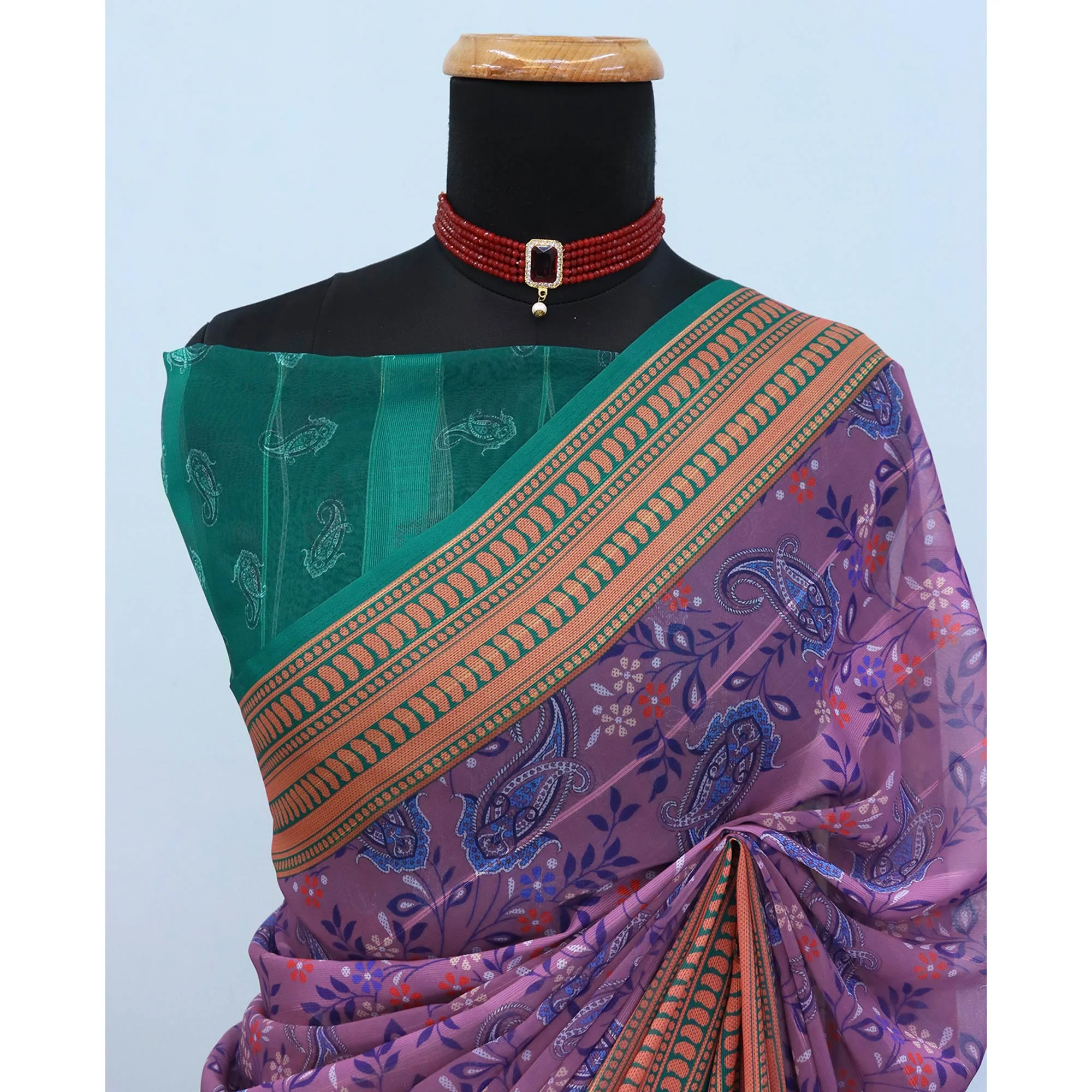 Elegant Violet & Green Floral Digital Printed Georgette Saree Adorned With Subtle Zari Stripes - Image 4