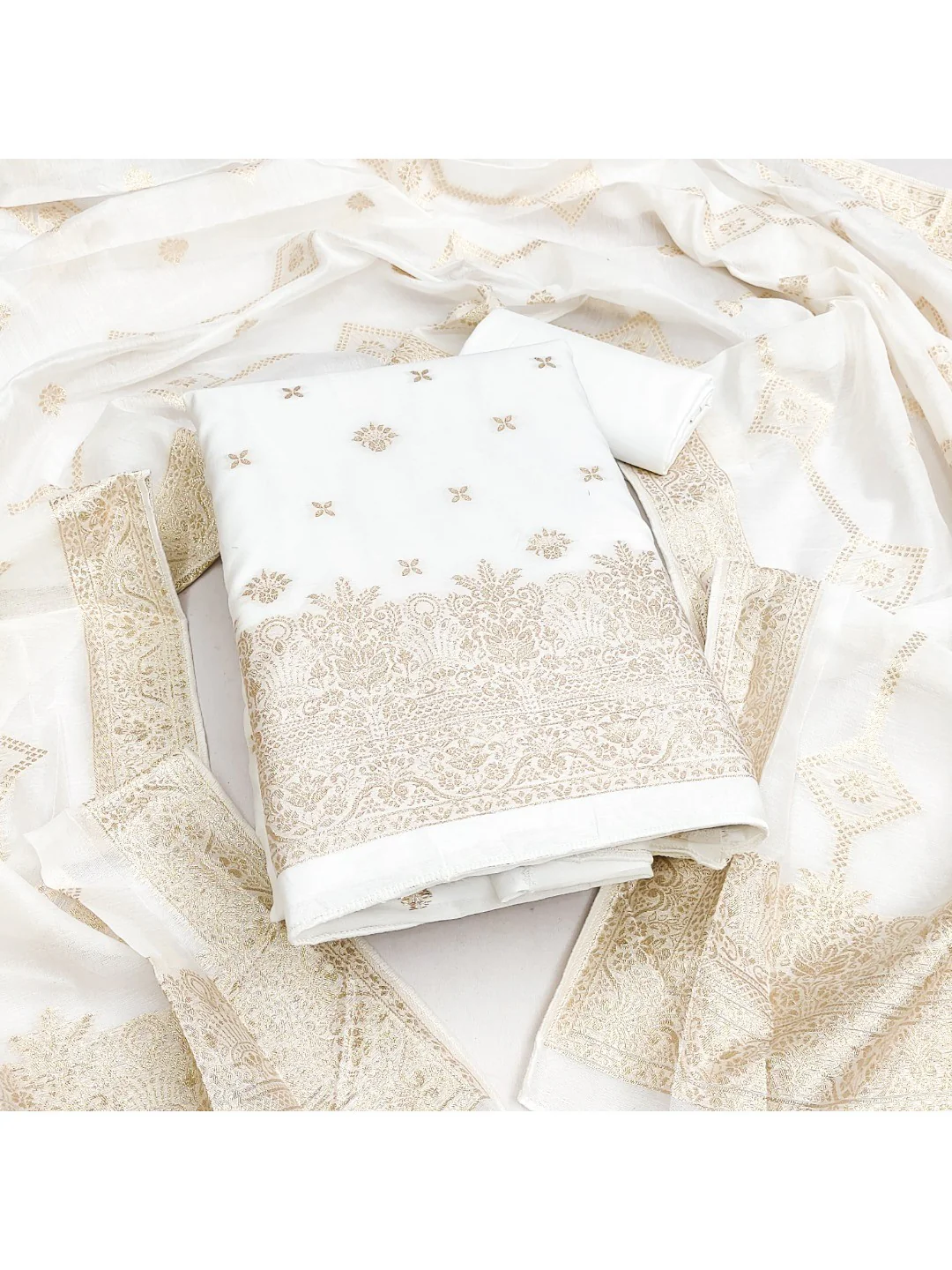 Elegant White Banarasi Silk Dress Material with Zari Work - Image 2