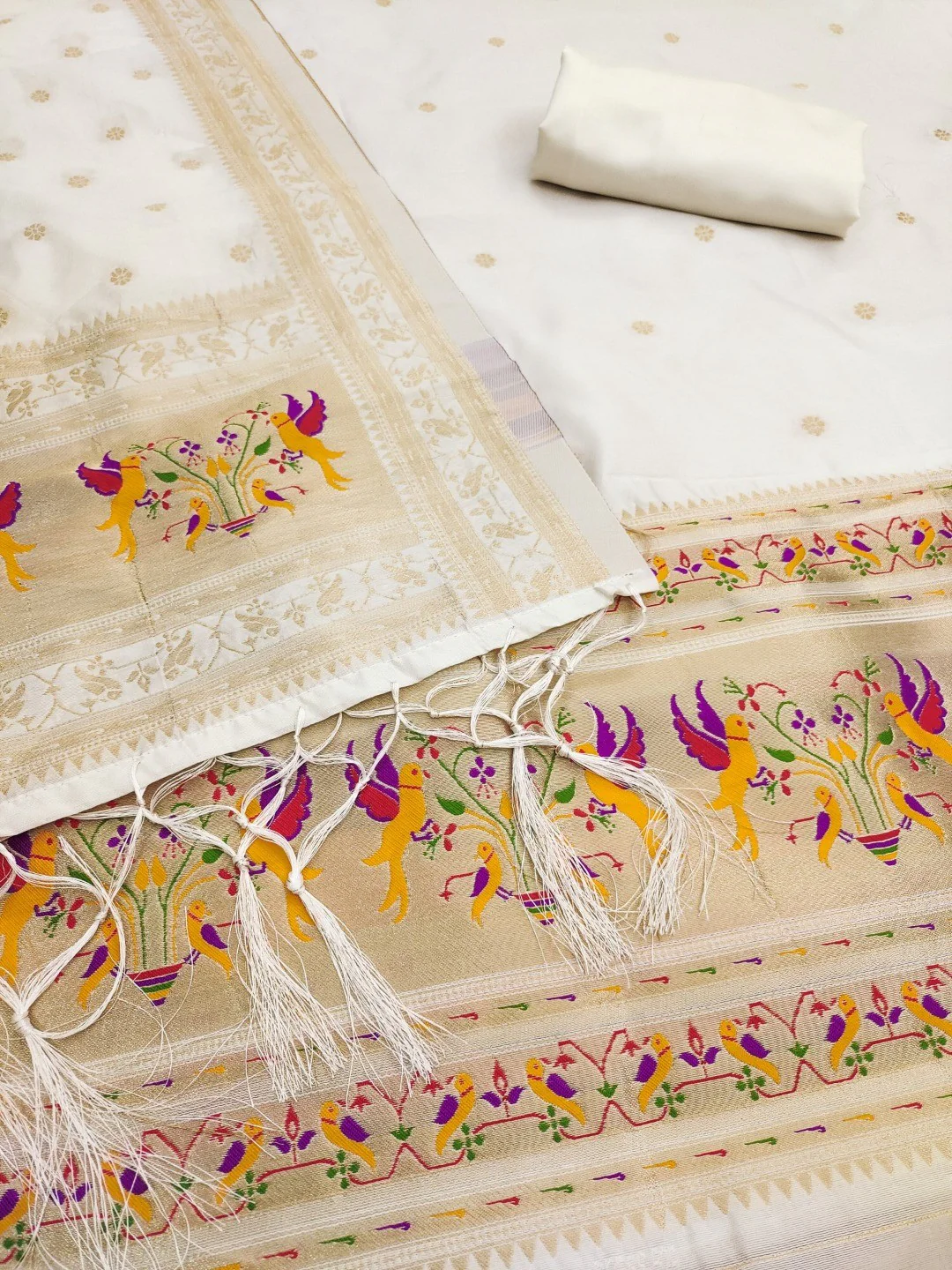 Elegant White Banarasi Silk Unstitched Dress Material with Dupatta - Image 2