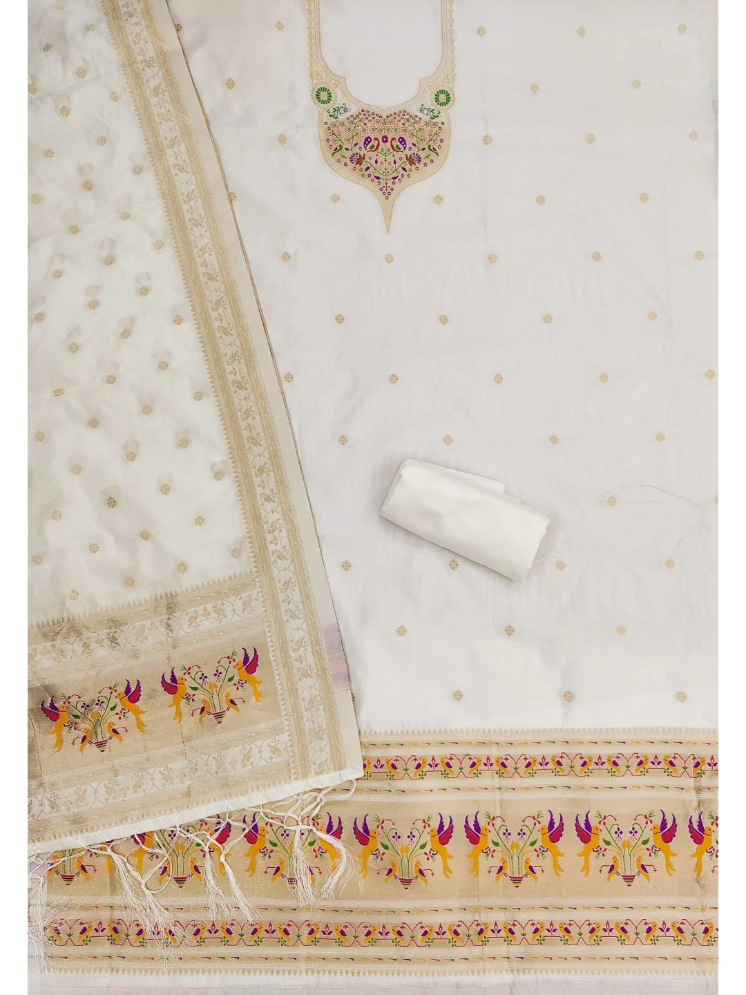 Elegant White Banarasi Silk Unstitched Dress Material with Dupatta - Image 3