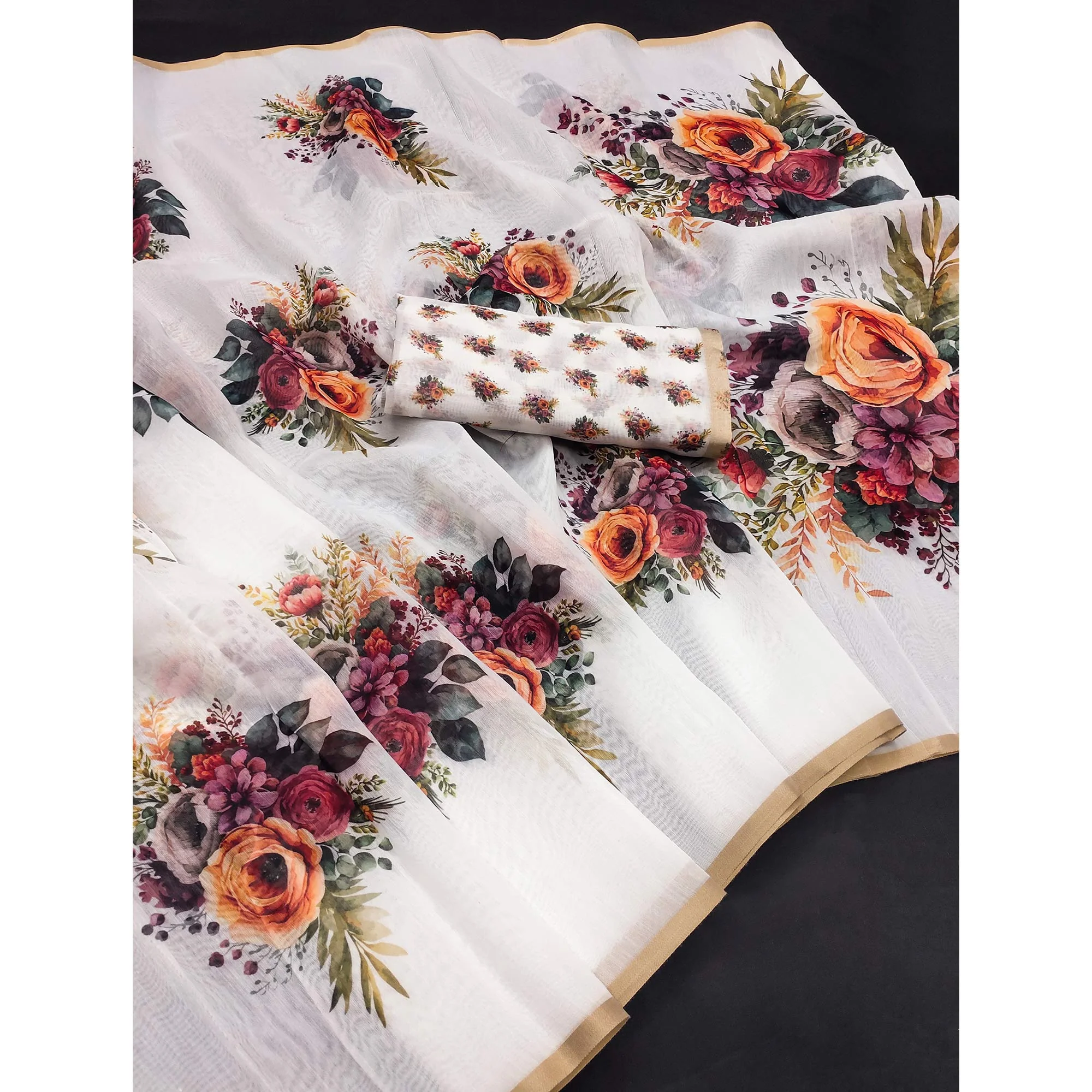 Elegant White Chanderi Saree with Floral Prints - Image 3