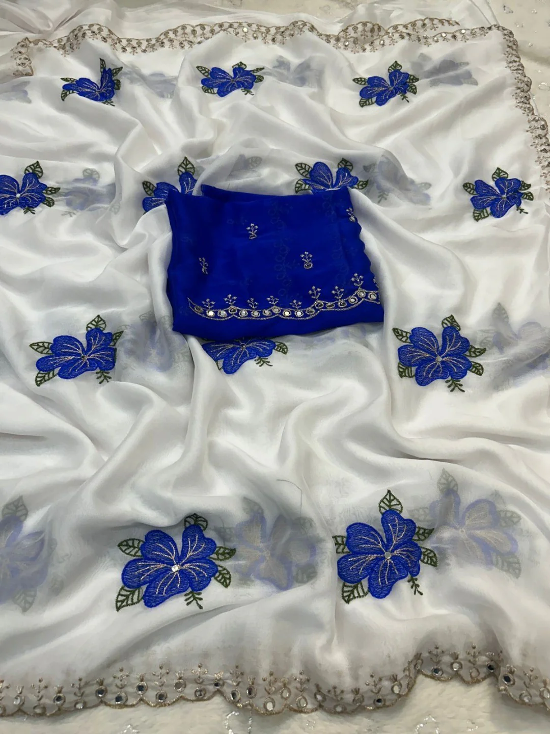 Elegant White Chinon Saree with Blue Floral Embroidery & Mirror Work - Image 3